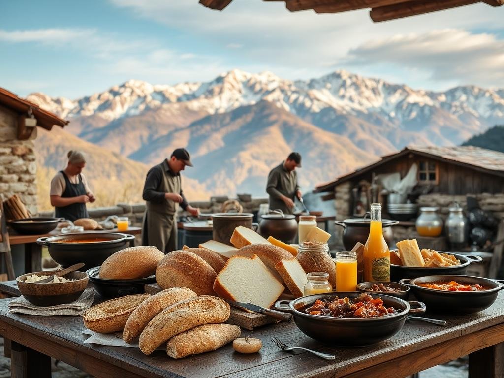 A rustic, charming scene depicting the culinary traditions of the Garfagnana region in Tuscany. In the foreground, a wooden table is set with an array of local delicacies - aromatic bread, hearty stews, and artisanal cheeses. The middle ground features villagers engaged in time-honored food preparation techniques, kneading dough and tending to simmering pots. In the background, the picturesque Apuan Alps rise majestically, their snow-capped peaks bathed in warm, golden light. The overall mood is one of timeless, agrarian simplicity, capturing the essence of the region's storied culinary heritage. A rustic, charming scene depicting the culinary traditions of the Garfagnana region in Tuscany. In the foreground, a wooden table is set with an array of local delicacies - aromatic bread, hearty stews, and artisanal cheeses. The middle ground features villagers engaged in time-honored food preparation techniques, kneading dough and tending to simmering pots. In the background, the picturesque Apuan Alps rise majestically, their snow-capped peaks bathed in warm, golden light. The overall mood is one of timeless, agrarian simplicity, capturing the essence of the region's storied culinary heritage.