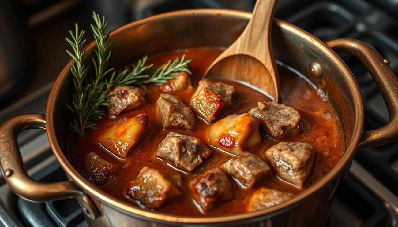 A rustic copper pot simmers on the stovetop, its contents slowly bubbling and releasing a tantalizing aroma of aromatic herbs and tender duck. Glistening chunks of succulent duck meat are submerged in a rich, velvety sauce, the result of hours of patient simmering. Sprigs of fresh rosemary and thyme adorn the edges, their verdant hues contrasting with the deep, mahogany tones of the ragù. The scene is illuminated by warm, mellow lighting, casting a cozy, inviting atmosphere. A wooden spoon protrudes from the pot, ready to stir and coax out the deepest, most complex flavors. This is the essence of a perfect duck ragù, a labor of love and the ultimate comfort food.