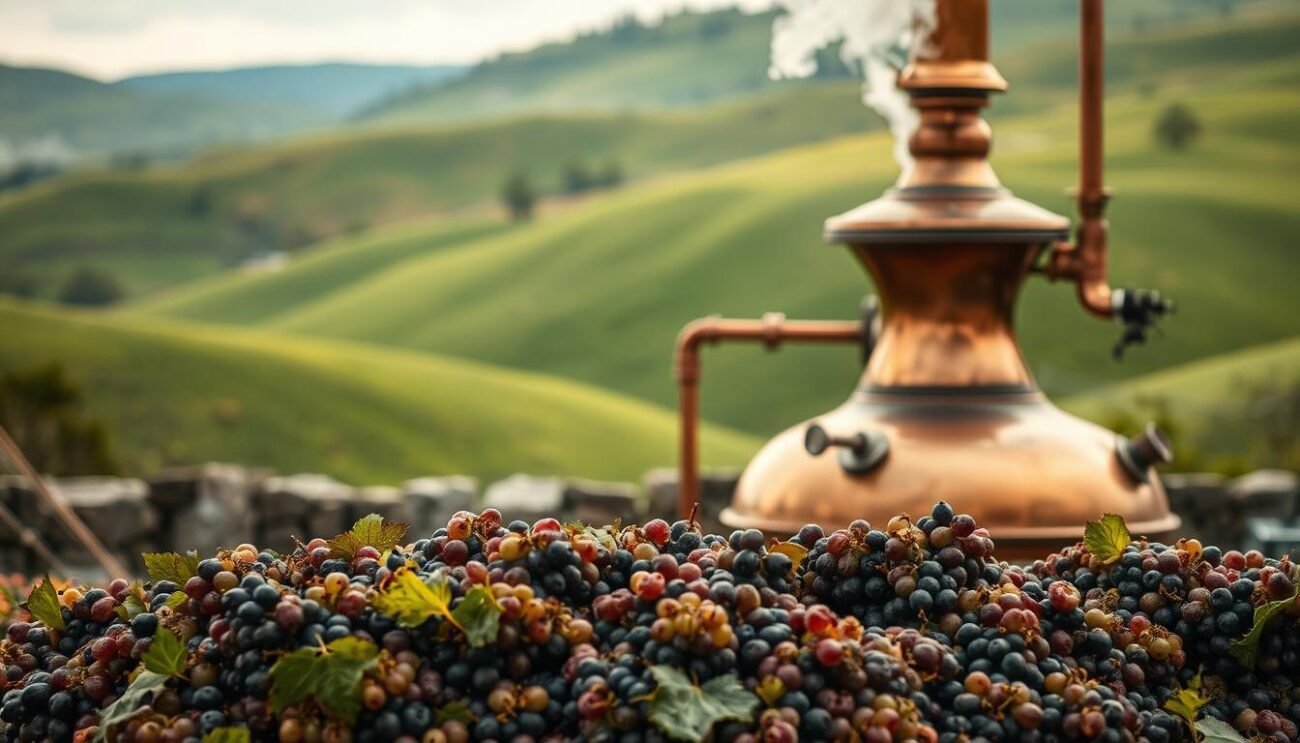 A rustic copper still stands against a backdrop of rolling green hills, its intricate pipes and valves glimmering in the soft, amber light. Steam rises from the vessel, carrying the rich, fragrant aroma of distilling grappa. In the foreground, freshly harvested grape pomace, the very essence of the Italian countryside, awaits its transformation into the coveted premium spirit. The scene is one of artisanal tradition, where time-honored techniques and the bounty of nature converge to create a truly exceptional distillate. Warm, muted tones evoke a sense of nostalgia and craftsmanship, while the carefully composed angles and depth of field draw the viewer's eye into the heart of the grappa-making process. A rustic copper still stands against a backdrop of rolling green hills, its intricate pipes and valves glimmering in the soft, amber light. Steam rises from the vessel, carrying the rich, fragrant aroma of distilling grappa. In the foreground, freshly harvested grape pomace, the very essence of the Italian countryside, awaits its transformation into the coveted premium spirit. The scene is one of artisanal tradition, where time-honored techniques and the bounty of nature converge to create a truly exceptional distillate. Warm, muted tones evoke a sense of nostalgia and craftsmanship, while the carefully composed angles and depth of field draw the viewer's eye into the heart of the grappa-making process.