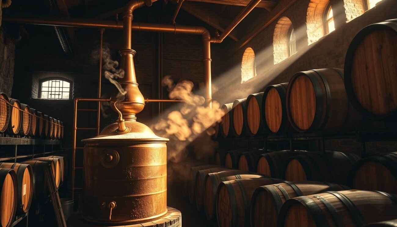 A rustic copper still stands in a dimly lit cellar, copper pipes snaking through the shadows. Wisps of fragrant steam rise from the bubbling liquid, as a skilled distiller carefully monitors the temperature. Surrounding the still, tall wooden barrels line the shelves, their contents slowly maturing. The air is thick with the aroma of fresh grape pomace, a testament to the centuries-old tradition of grappa production in the heart of Italy. A warm, golden light filters through the windows, casting a soft glow on the scene, evoking the atmosphere of a bygone era. The image captures the essence of the grappa-making process, from the raw materials to the final, refined spirit. A rustic copper still stands in a dimly lit cellar, copper pipes snaking through the shadows. Wisps of fragrant steam rise from the bubbling liquid, as a skilled distiller carefully monitors the temperature. Surrounding the still, tall wooden barrels line the shelves, their contents slowly maturing. The air is thick with the aroma of fresh grape pomace, a testament to the centuries-old tradition of grappa production in the heart of Italy. A warm, golden light filters through the windows, casting a soft glow on the scene, evoking the atmosphere of a bygone era. The image captures the essence of the grappa-making process, from the raw materials to the final, refined spirit.