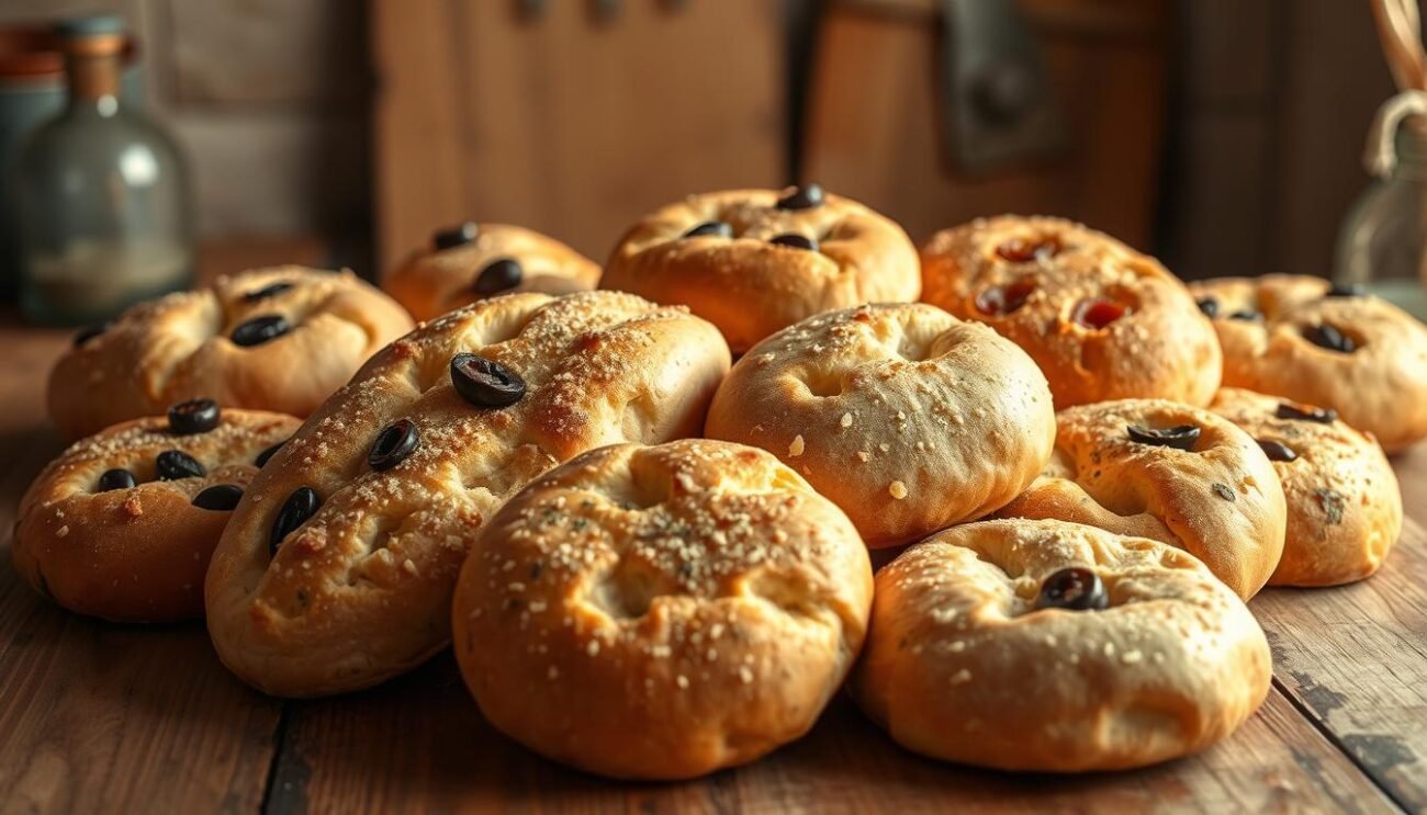A rustic display of Varianti regionali focaccia barese on a wooden table. Various shapes and sizes, some topped with olives, rosemary, or tomatoes. The warm lighting casts a golden glow, highlighting the crisp, golden-brown crust and the inviting textures. In the background, a simple backdrop suggests an Italian kitchen or bakery setting. The overall composition conveys the artisanal, regional nature of this iconic Puglian speciality.