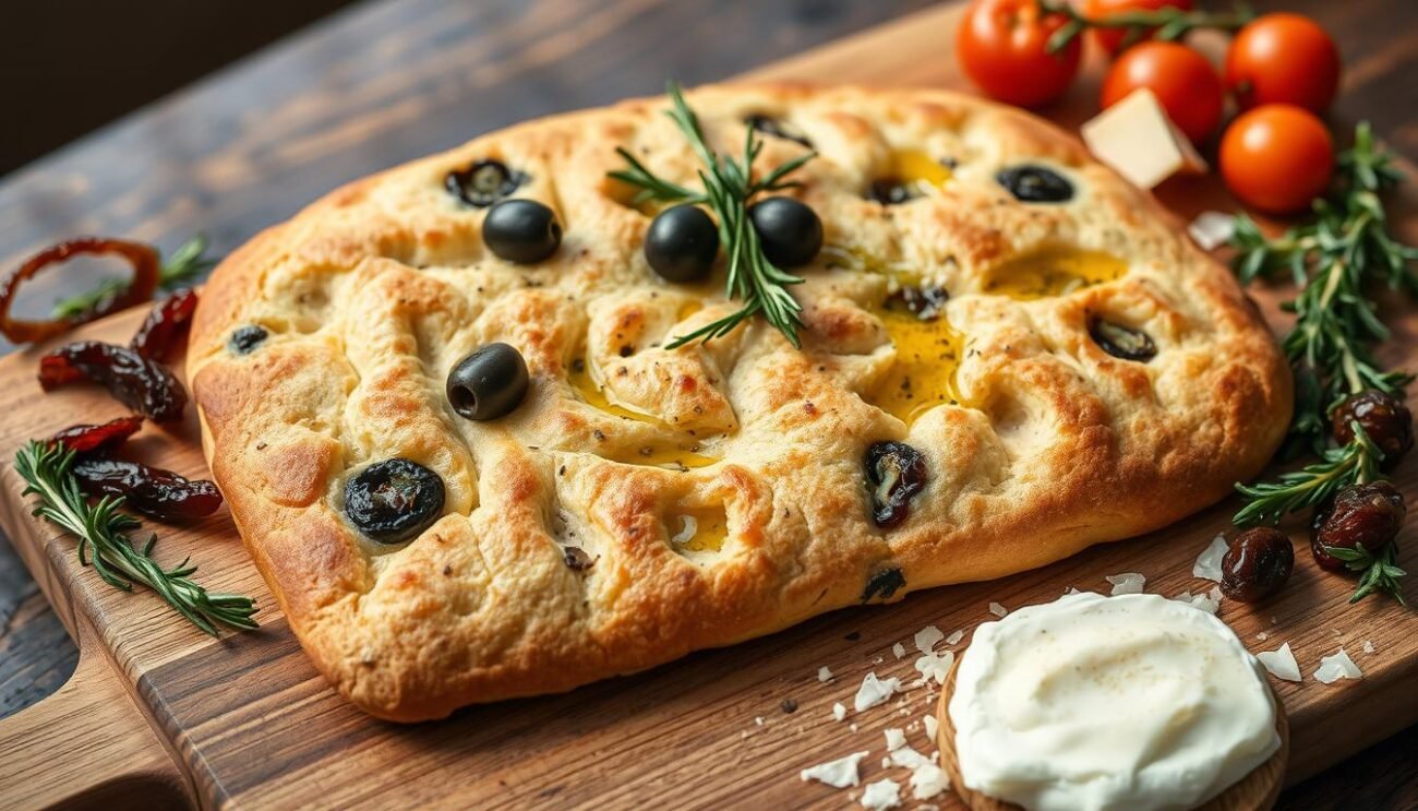 A rustic focaccia barese, its golden-brown crust adorned with plump olives, fresh rosemary, and a drizzle of fragrant olive oil. Arrange it on a wooden board, accompanied by an array of regional delicacies - tangy balsamic-glazed onions, sun-dried tomatoes, creamy burrata, and a sprinkle of Parmesan shavings. The scene is bathed in warm, natural light, highlighting the inviting textures and flavors. Capture this authentic Pugliese gastronomic experience, where the focaccia takes center stage, ready to be savored and enjoyed.