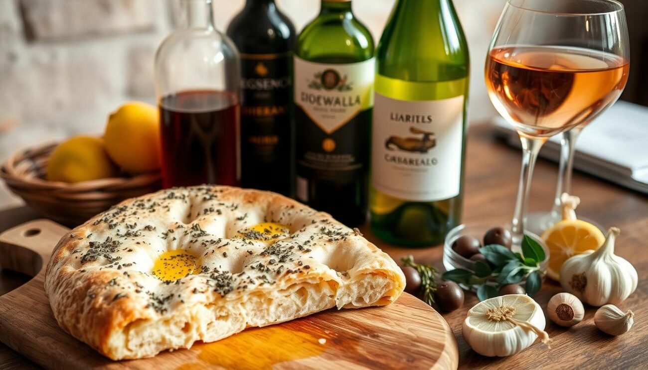 A rustic focaccia genovese rests on a wooden board, drizzled with fragrant olive oil and sprinkled with aromatic herbs. Alongside, an array of local Ligurian wines - a robust red, a crisp white, and a sparkling rosé - beckon to be paired with the bread's savory flavors. Sliced lemons, olives, and roasted garlic cloves provide vibrant accents, complementing the focaccia's golden crust and tender interior. The scene is bathed in warm, natural lighting, conveying the welcoming atmosphere of an authentic Italian trattoria. This harmonious composition invites the viewer to savor the joys of pairing the beloved focaccia genovese with the region's renowned wines and condiments. A rustic focaccia genovese rests on a wooden board, drizzled with fragrant olive oil and sprinkled with aromatic herbs. Alongside, an array of local Ligurian wines - a robust red, a crisp white, and a sparkling rosé - beckon to be paired with the bread's savory flavors. Sliced lemons, olives, and roasted garlic cloves provide vibrant accents, complementing the focaccia's golden crust and tender interior. The scene is bathed in warm, natural lighting, conveying the welcoming atmosphere of an authentic Italian trattoria. This harmonious composition invites the viewer to savor the joys of pairing the beloved focaccia genovese with the region's renowned wines and condiments.