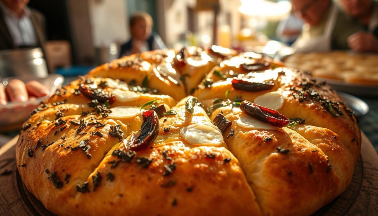 A rustic, freshly baked sciacciata siciliana, its golden-brown crust glistening under warm Mediterranean light. Sprinkled with fragrant oregano and drizzled with vibrant green olive oil, the regional variation showcases a thick, pillowy dough topped with tuma cheese and briny anchovies. The scene evokes the lively outdoor markets of Sicily, with sun-dappled stalls and the bustling energy of local artisans. Captured through a wide-angle lens, the image conveys a sense of authenticity and homespun charm, perfectly complementing the section on regional interpretations of the beloved Sicilian "pizza".