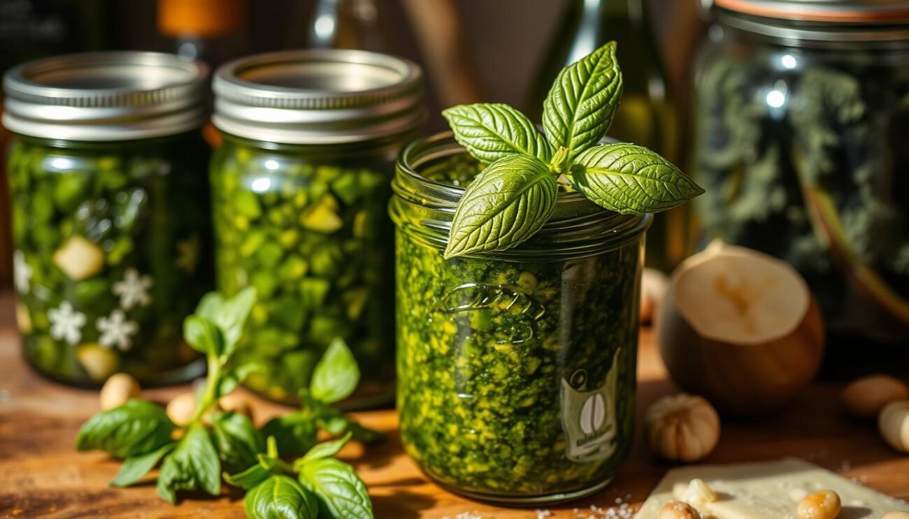 A rustic glass jar filled with a vibrant green pesto, garnished with a sprig of fresh basil leaves. The pesto is made from dark, curly kale leaves, freshly crushed garlic, pine nuts, Parmesan cheese, and a drizzle of olive oil. The jar is placed on a wooden surface, surrounded by a few more jars and bottles, suggesting a homemade, artisanal Italian kitchen setting. The lighting is warm and natural, casting gentle shadows and highlights on the pesto and its accompaniments. The overall mood is one of homemade, authentic Italian cuisine, perfect for preserving and enjoying the flavors of the winter season.