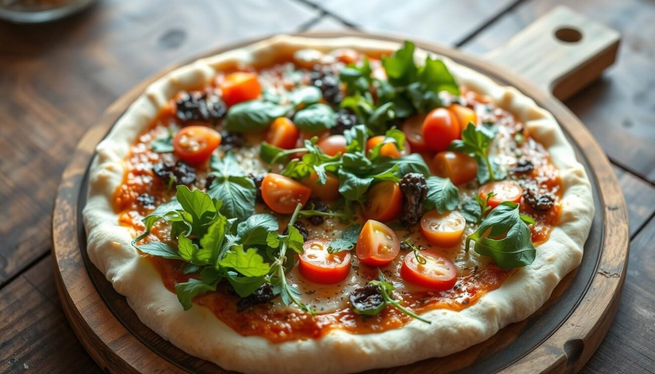 A rustic, hand-stretched pizza dough topped with vibrant, locally sourced vegetables from the Amalfi Coast. Regional variations of the classic "Pizz'e foje" dish, featuring a lush array of leafy greens, sun-ripened tomatoes, and aromatic herbs. Captured in natural light with a soft, diffused focus, the image showcases the artisanal, homemade quality of this traditional Italian delicacy. Wooden serving boards and weathered tabletops provide an authentic, earthly backdrop, conveying the humble, yet flavorful essence of this regional pizza specialty. A rustic, hand-stretched pizza dough topped with vibrant, locally sourced vegetables from the Amalfi Coast. Regional variations of the classic "Pizz'e foje" dish, featuring a lush array of leafy greens, sun-ripened tomatoes, and aromatic herbs. Captured in natural light with a soft, diffused focus, the image showcases the artisanal, homemade quality of this traditional Italian delicacy. Wooden serving boards and weathered tabletops provide an authentic, earthly backdrop, conveying the humble, yet flavorful essence of this regional pizza specialty.