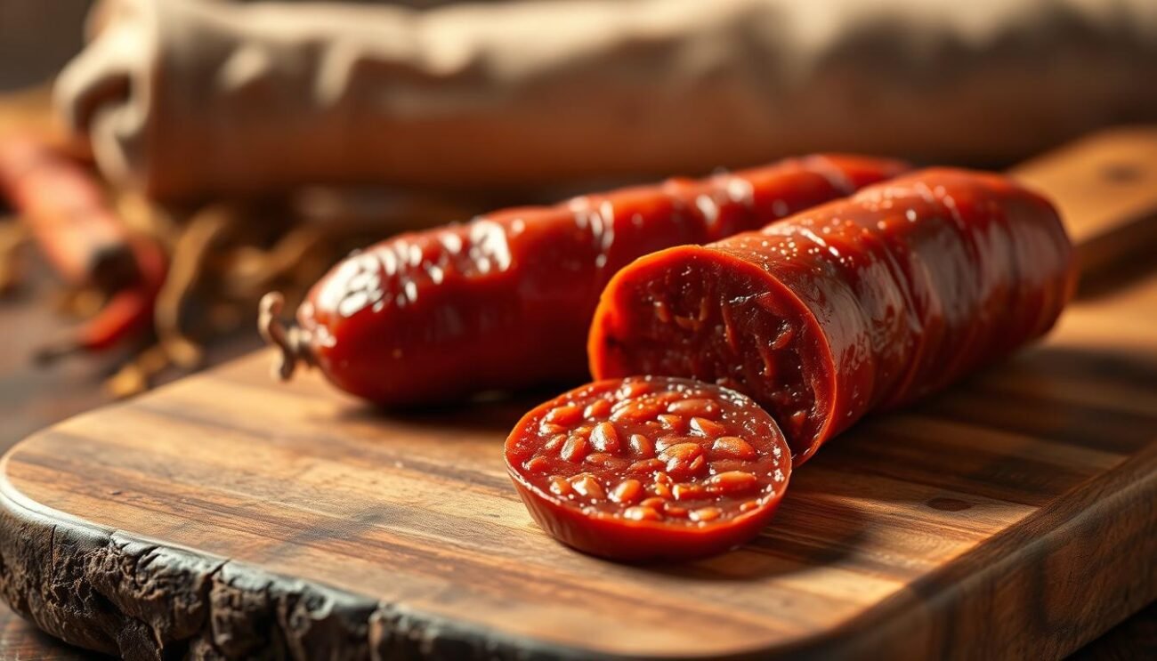 A rustic, handcrafted sausage on a wooden board, its deep red hue evoking the richness of its flavor. The 'Nduja di Spilinga, a traditional Calabrian spreadable salami, glistens under the warm, golden lighting, its texture inviting a taste. In the background, a backdrop of earthy tones and subtle textures, hinting at the artisanal process behind this unique delicacy. The composition captures the essence of this spicy, savory ingredient that has become an integral part of the Calabrian culinary heritage.