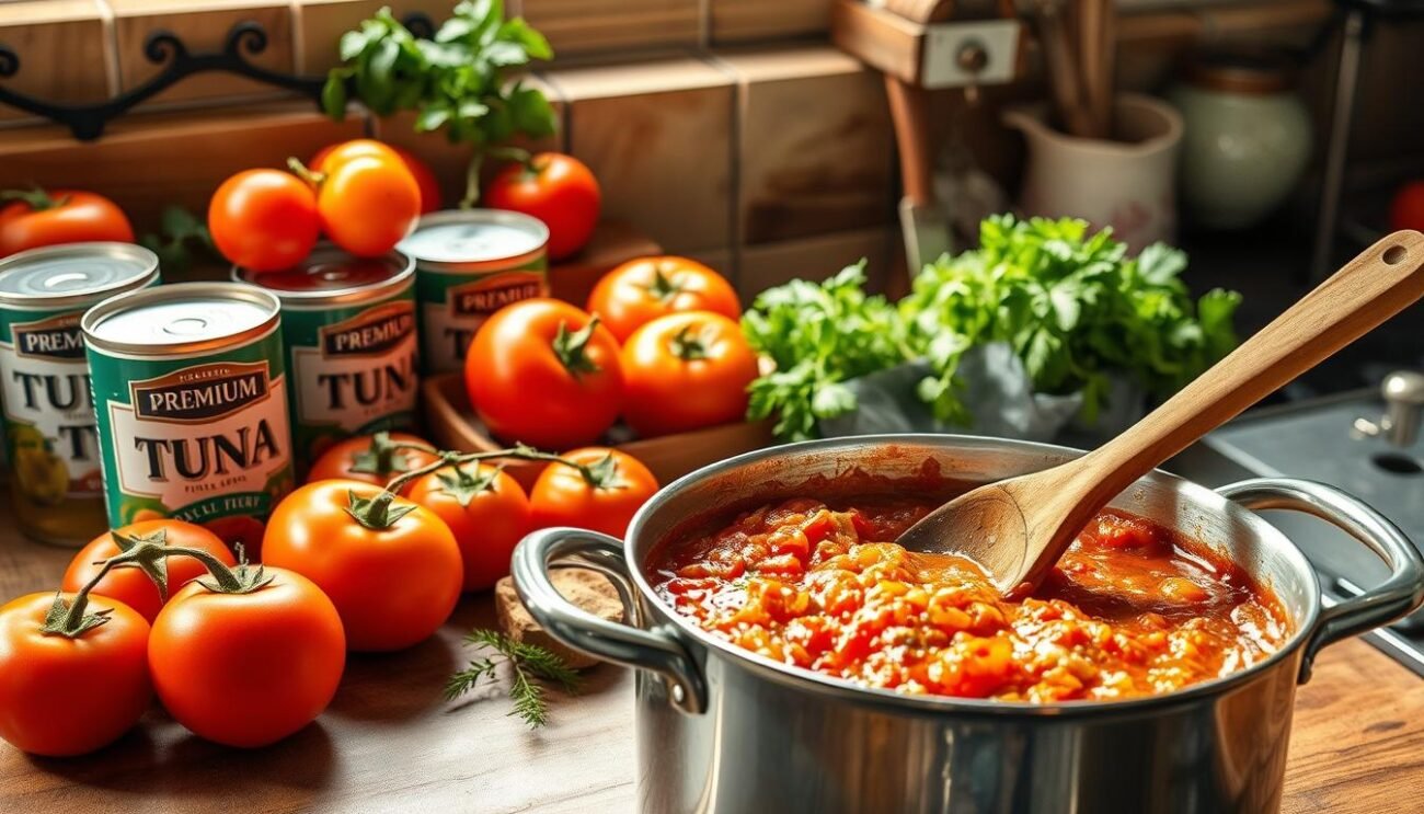 A rustic kitchen counter, bathed in warm, natural light, showcases an array of ingredients for a classic Italian tomato and tuna sauce. Vibrant, ripe tomatoes in various hues, cans of premium tuna, aromatic herbs, and a splash of olive oil set the stage. In the foreground, a wooden spoon stirs a simmering pot, releasing the fragrant steam of the simmering sauce. The scene evokes the comforting flavors of traditional Italian home cooking, inviting the viewer to explore the delicious variations of this beloved dish.