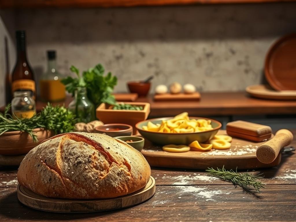A rustic kitchen counter showcases an assortment of dishes and ingredients made with Puglia's renowned "grano arso" (burnt wheat) flour. In the foreground, a freshly baked loaf of crusty bread stands alongside a wooden board displaying aromatic herbs, olive oil, and a selection of traditional Apulian delicacies. In the middle ground, a classic pasta dish, perhaps orecchiette or cavatelli, is artfully plated, highlighting the flour's distinctive flavor and texture. Subtle backlighting casts a warm, inviting glow across the scene, evoking the homey, authentic atmosphere of an Italian cucina. The overall composition celebrates the versatility and culinary heritage of this unique regional specialty. A rustic kitchen counter showcases an assortment of dishes and ingredients made with Puglia's renowned "grano arso" (burnt wheat) flour. In the foreground, a freshly baked loaf of crusty bread stands alongside a wooden board displaying aromatic herbs, olive oil, and a selection of traditional Apulian delicacies. In the middle ground, a classic pasta dish, perhaps orecchiette or cavatelli, is artfully plated, highlighting the flour's distinctive flavor and texture. Subtle backlighting casts a warm, inviting glow across the scene, evoking the homey, authentic atmosphere of an Italian cucina. The overall composition celebrates the versatility and culinary heritage of this unique regional specialty.