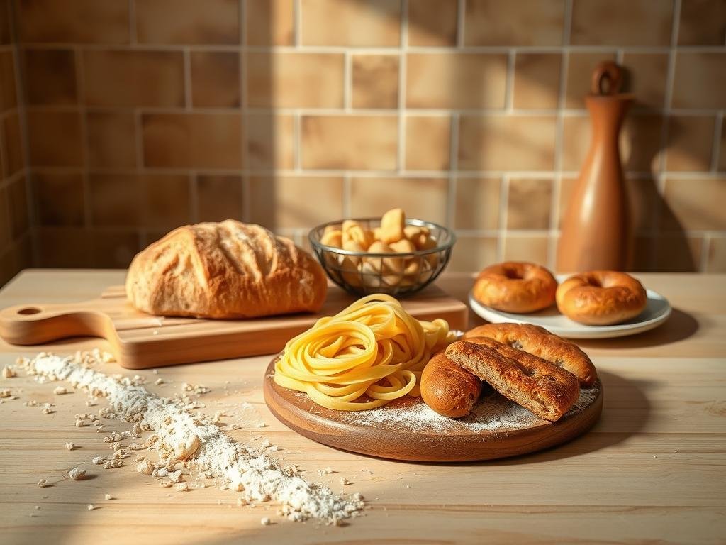 A rustic kitchen counter with a light wooden surface, sprinkled with golden grains of Grano Russello flour. Atop the counter, a wooden cutting board holds an assortment of freshly prepared dishes - a loaf of crusty Sicilian bread, a bowl of hand-rolled pasta, and a plate of savory baked goods. The lighting is warm and natural, casting soft shadows and highlights that accentuate the textures of the ingredients. In the background, a simple tiled wall in muted earth tones provides a clean, uncluttered backdrop, allowing the focus to remain on the bountiful display of Grano Russello-based culinary creations.