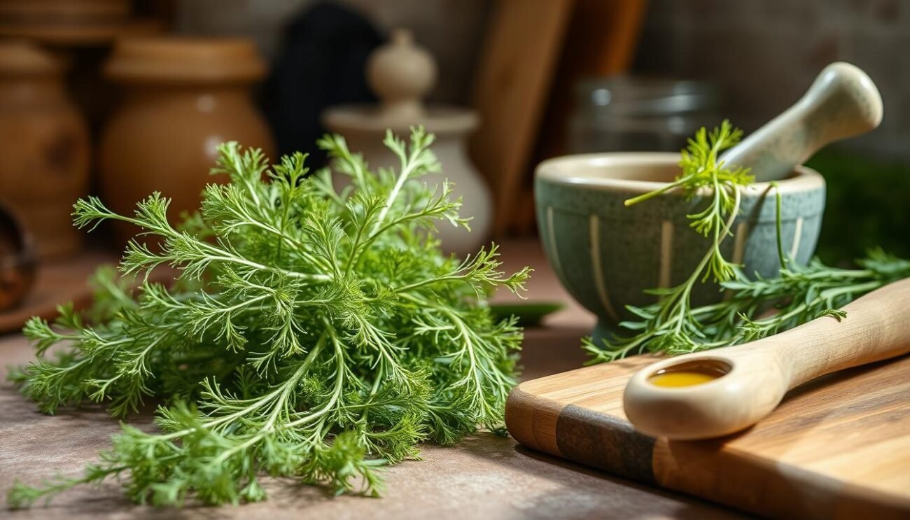 A rustic kitchen counter with fresh wild fennel fronds and olive oil, mortar and pestle, and a wooden board ready for the traditional preparation of Sicilian pesto di finocchietto selvatico. Soft, natural lighting casts a warm, inviting glow over the scene. The fennel's vibrant green hues and delicate fronds are the focal point, with the simple, artisanal tools creating an authentic, homemade atmosphere. The overall mood is one of authentic Sicilian culinary tradition and craftsmanship.