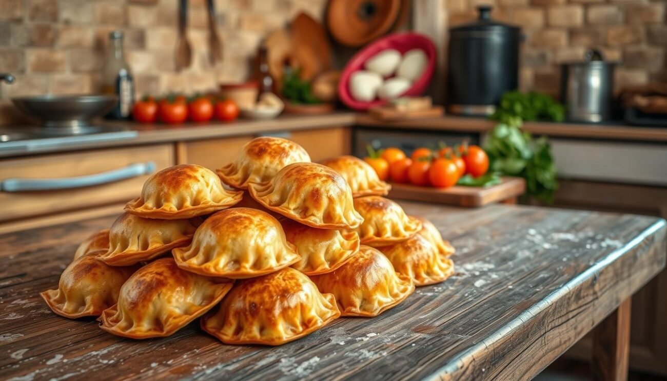 A rustic kitchen in southern Italy, with a well-worn wooden table in the foreground. On the table, a pile of freshly made panzerotti, their golden-brown crusts glistening under the warm, natural lighting. In the background, an array of traditional ingredients - tomatoes, mozzarella, and herbs - are arranged neatly, hinting at the delectable filling within. The scene evokes a sense of history and tradition, capturing the essence of the panzerotto pugliese - a beloved regional specialty with deep roots in the culinary heritage of Puglia.