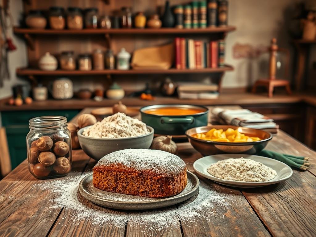 A rustic kitchen interior with warm lighting and worn wooden textures. On a weathered table, a display of various traditional Tuscan dishes made with chestnut flour. In the foreground, a freshly baked chestnut flour cake dusted with powdered sugar, alongside a bowl of roasted chestnuts and a glass jar filled with chestnut flour. In the middle ground, a simmering pot of chestnut-based soup or stew, accompanied by a platter of chestnut gnocchi or ravioli. In the background, shelves stocked with antique jars and cookbooks, hinting at the rich culinary heritage of the Amiata region. An atmosphere of homely, authentic Tuscan cuisine permeates the scene.