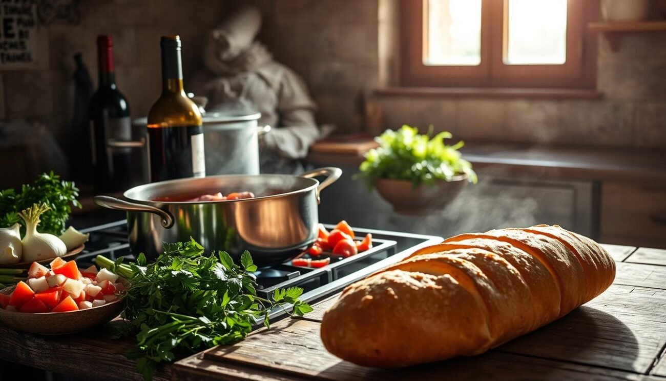 A rustic kitchen scene, sunlit and warm, with a large pot simmering on the stove. Fresh herbs, diced onions, and a bottle of robust red wine accent the mise en place. The air is thick with the aroma of browning meat and simmering tomatoes, hinting at the depth of flavor to come. In the background, a weathered wooden table holds a loaf of crusty bread, ready to soak up the rich, hearty ragù. The scene conveys the care and tradition behind the making of this classic Tuscan dish, "Preparazione ragù di cinghiale."