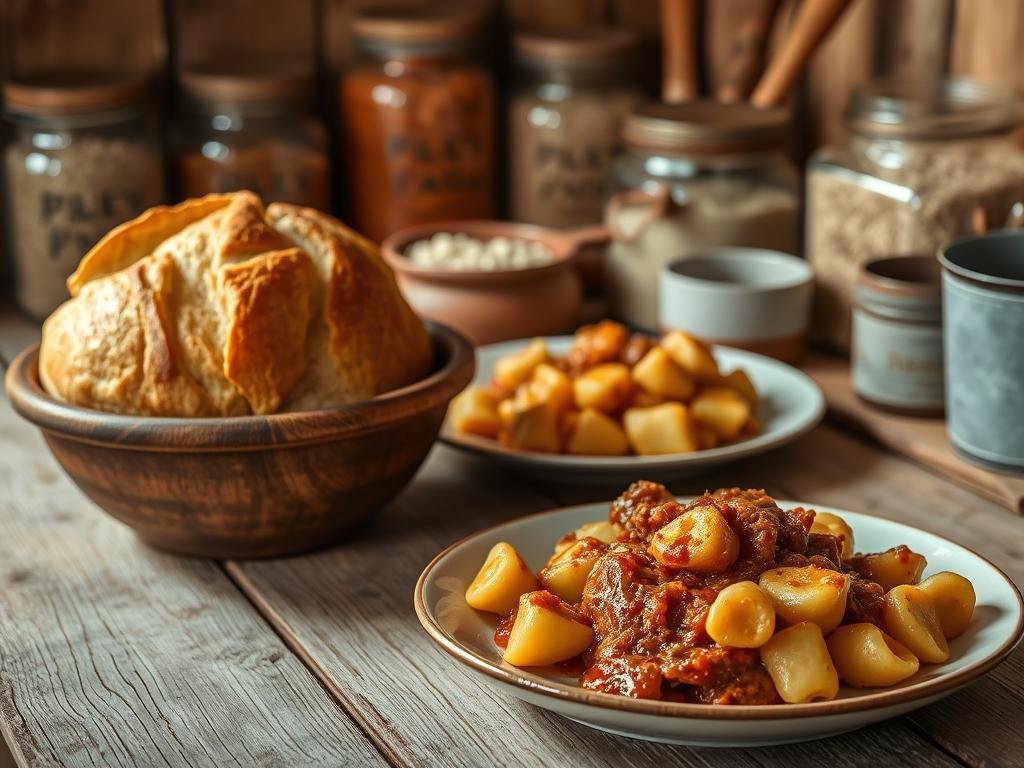 A rustic kitchen setting, with a wooden table showcasing a variety of traditional Lunigiana chestnut flour-based dishes. In the foreground, a bowl of freshly baked chestnut flour bread, its golden crust glistening in the warm, natural light. In the middle ground, a plate displays a classic chestnut flour gnocchi, dressed with a rich, earthy sauce. In the background, jars and canisters filled with the prized Lunigiana chestnut flour, surrounded by simple, authentic cooking utensils. The overall scene evokes a sense of homespun tradition, inviting the viewer to experience the rich culinary heritage of this unique Italian region. A rustic kitchen setting, with a wooden table showcasing a variety of traditional Lunigiana chestnut flour-based dishes. In the foreground, a bowl of freshly baked chestnut flour bread, its golden crust glistening in the warm, natural light. In the middle ground, a plate displays a classic chestnut flour gnocchi, dressed with a rich, earthy sauce. In the background, jars and canisters filled with the prized Lunigiana chestnut flour, surrounded by simple, authentic cooking utensils. The overall scene evokes a sense of homespun tradition, inviting the viewer to experience the rich culinary heritage of this unique Italian region.