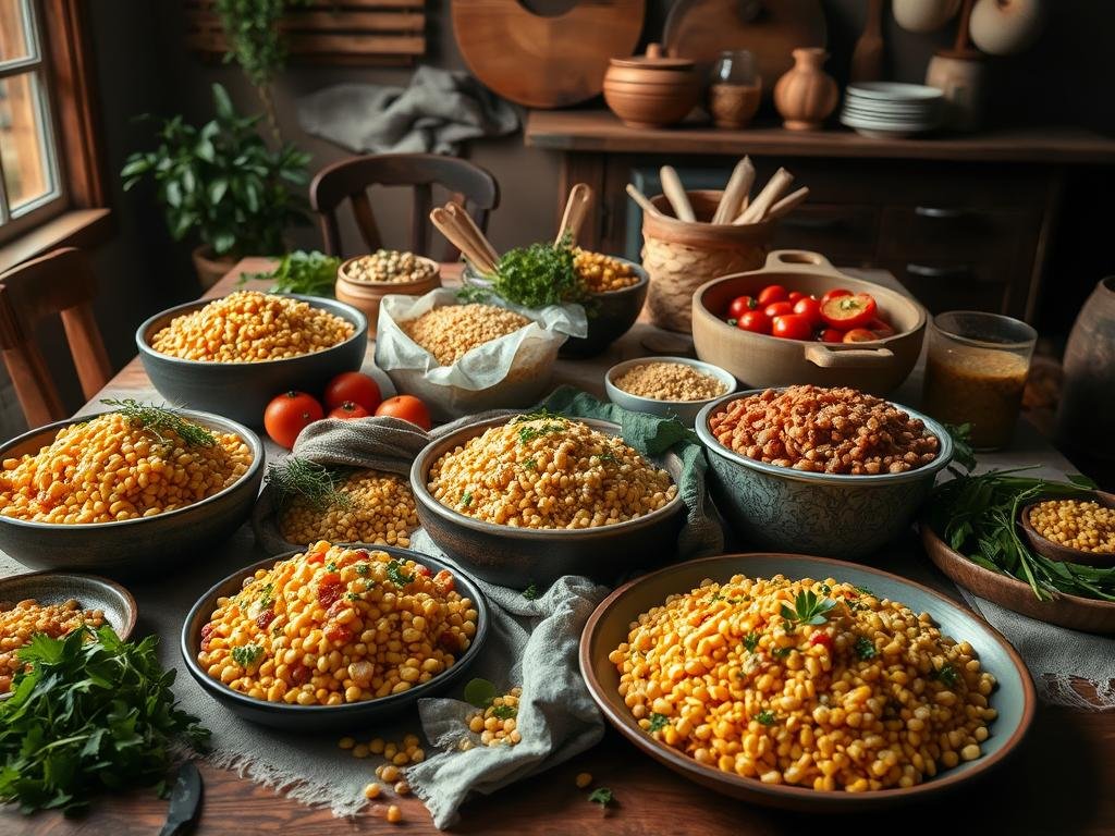 A rustic kitchen table overflows with a bountiful display of creative recipes featuring golden kernels of whole grain corn. Fragrant herbs, vibrant vegetables, and hearty grains mingle together, showcasing the versatility of wholesome, nutty-flavored whole grain corn. Soft, moody lighting casts a warm glow, evoking the comforting, homemade feel of traditional Italian cuisine. Wooden accents and textured linens add a touch of farmhouse charm, while the composition draws the eye to the array of enticing dishes. This image captures the essence of using whole grain corn in inventive, flavorful recipes that celebrate the bounty of the land.