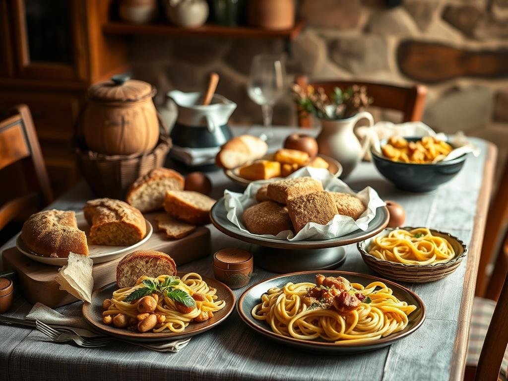 A rustic kitchen table set with a variety of Tuscan-style dishes, including savory breads, cakes, and pasta made with chestnut flour from the Mugello region. Warm, diffused lighting creates a cozy, inviting atmosphere. The image captures the traditional flavors and heritage of this local ingredient, showcasing its versatility in both sweet and savory Tuscan cuisine. A rustic kitchen table set with a variety of Tuscan-style dishes, including savory breads, cakes, and pasta made with chestnut flour from the Mugello region. Warm, diffused lighting creates a cozy, inviting atmosphere. The image captures the traditional flavors and heritage of this local ingredient, showcasing its versatility in both sweet and savory Tuscan cuisine.
