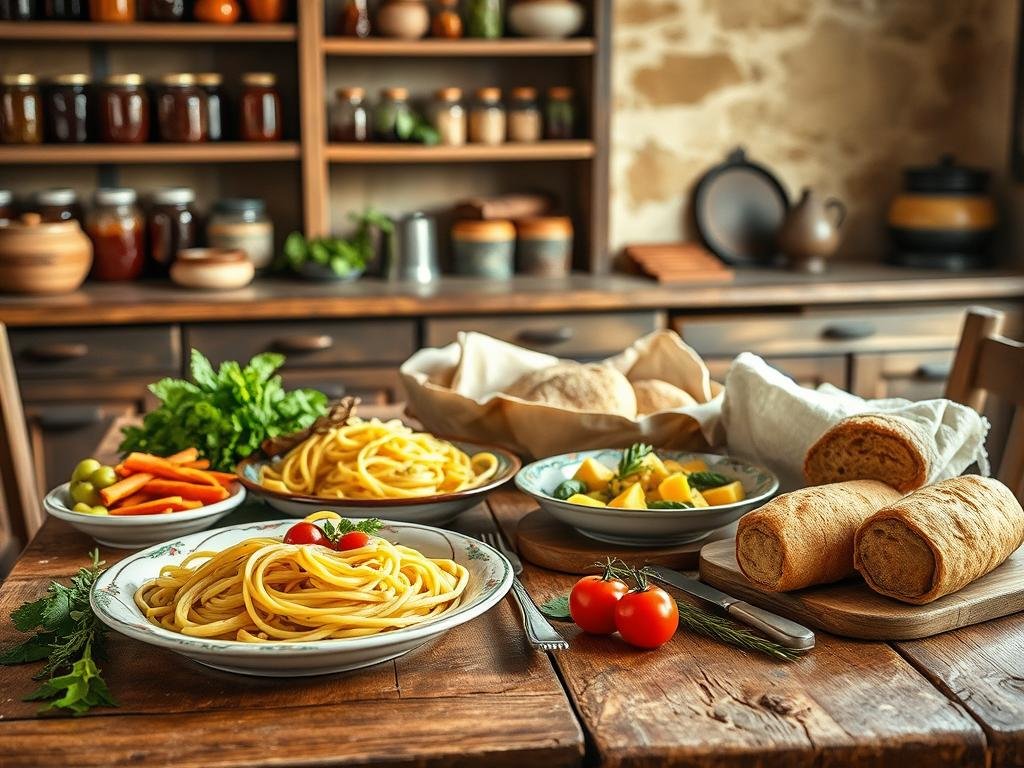 A rustic kitchen table set with traditional dishes of homemade Solina flour pasta, fresh vegetables, and artisanal bread. The warm lighting casts a cozy glow, highlighting the textured surfaces and earthy tones. In the background, shelves display jars of preserves and antique kitchenware, evoking the history and heritage of Italian regional cuisine. The scene conveys a sense of homespun comfort and the joy of preparing time-honored recipes using the distinctive Solina flour from the Abruzzo region. A rustic kitchen table set with traditional dishes of homemade Solina flour pasta, fresh vegetables, and artisanal bread. The warm lighting casts a cozy glow, highlighting the textured surfaces and earthy tones. In the background, shelves display jars of preserves and antique kitchenware, evoking the history and heritage of Italian regional cuisine. The scene conveys a sense of homespun comfort and the joy of preparing time-honored recipes using the distinctive Solina flour from the Abruzzo region.