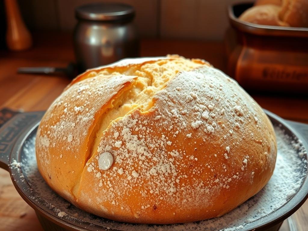 A rustic loaf of traditional Italian bread, its golden crust glistening under warm, soft lighting. The dough, kneaded with care, rises in a vintage baking tray, its surface dotted with flour like a gentle dusting of snow. The aroma of freshly baked bread fills the air, evoking memories of Italian kitchens and family gatherings. In the background, a wooden table and simple kitchen utensils suggest a timeless, artisanal approach to baking. This image perfectly captures the essence of traditional Italian bread-making, reflecting the rich heritage and time-honored techniques celebrated in the article's "Utilizzo in Panificazione e Ricette Tradizionali" section.