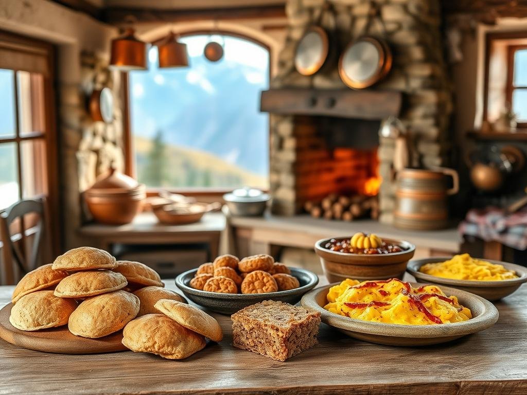 A rustic, mountainous kitchen setting with traditional chestnut flour dishes. In the foreground, a wooden table showcases a mix of pastries and savory bites, including chestnut flour biscuits, castagnaccio (a dense chestnut flour cake), and hearty polenta-based dishes. The middle ground features a warm, earthy-toned stone fireplace with hanging copper pots and pans. In the background, a window reveals a picturesque mountain landscape bathed in soft, natural lighting. The overall atmosphere evokes the cozy, time-honored culinary traditions of the Apuan Alps region.