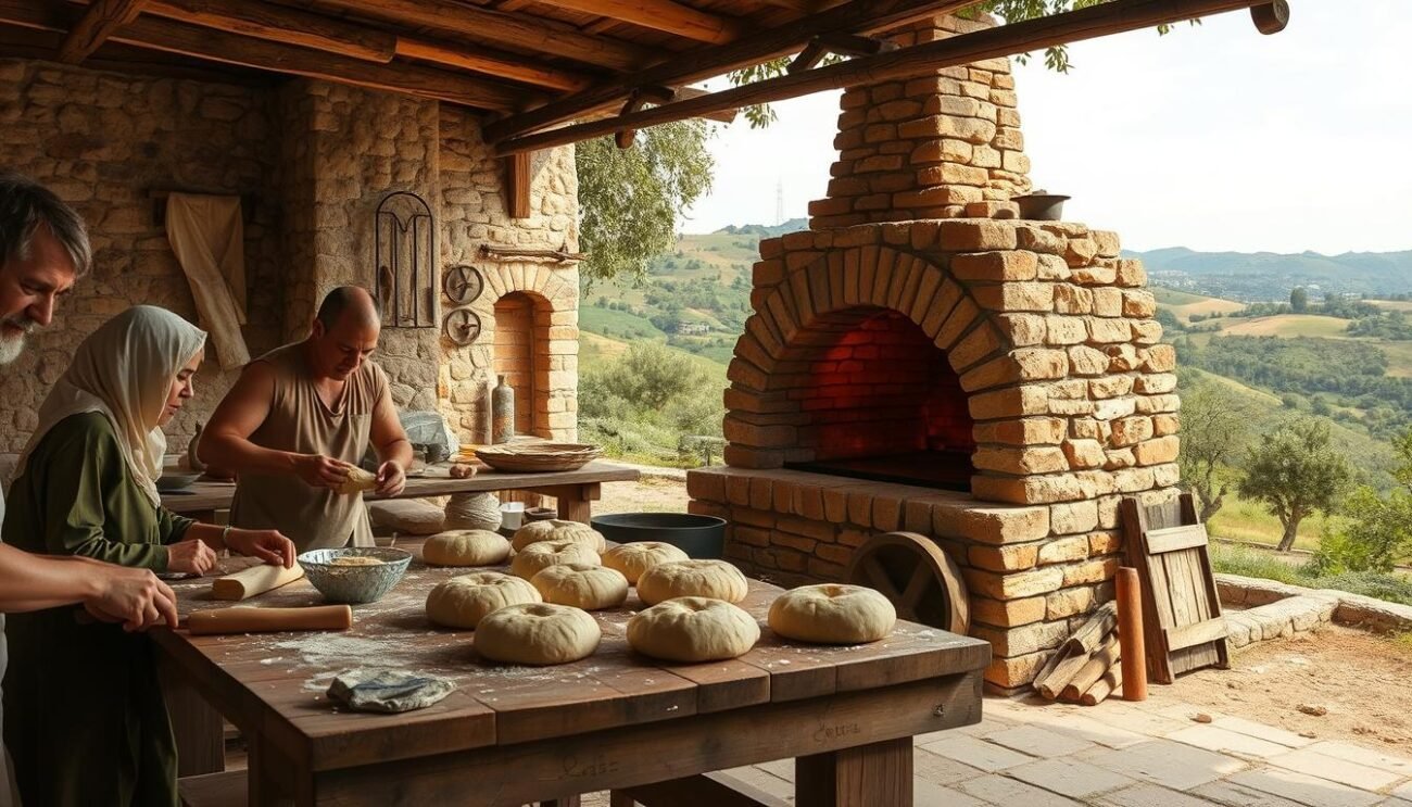 A rustic outdoor scene set in ancient Rome, showcasing the historical origins of the iconic Roman pinsa bread. In the foreground, a group of artisan bakers carefully kneading and shaping dough on a wooden workbench, their hands expertly manipulating the pliable mixture. The middle ground features a traditional wood-fired brick oven, its open mouth revealing the warm glow of the hearth within. In the background, rolling hills and lush olive groves create a picturesque countryside setting, providing a glimpse into the agricultural heritage that shaped the pinsa recipe. The scene is bathed in soft, warm lighting, evoking a timeless, rustic ambiance that reflects the enduring legacy of this ancient Roman culinary tradition.
