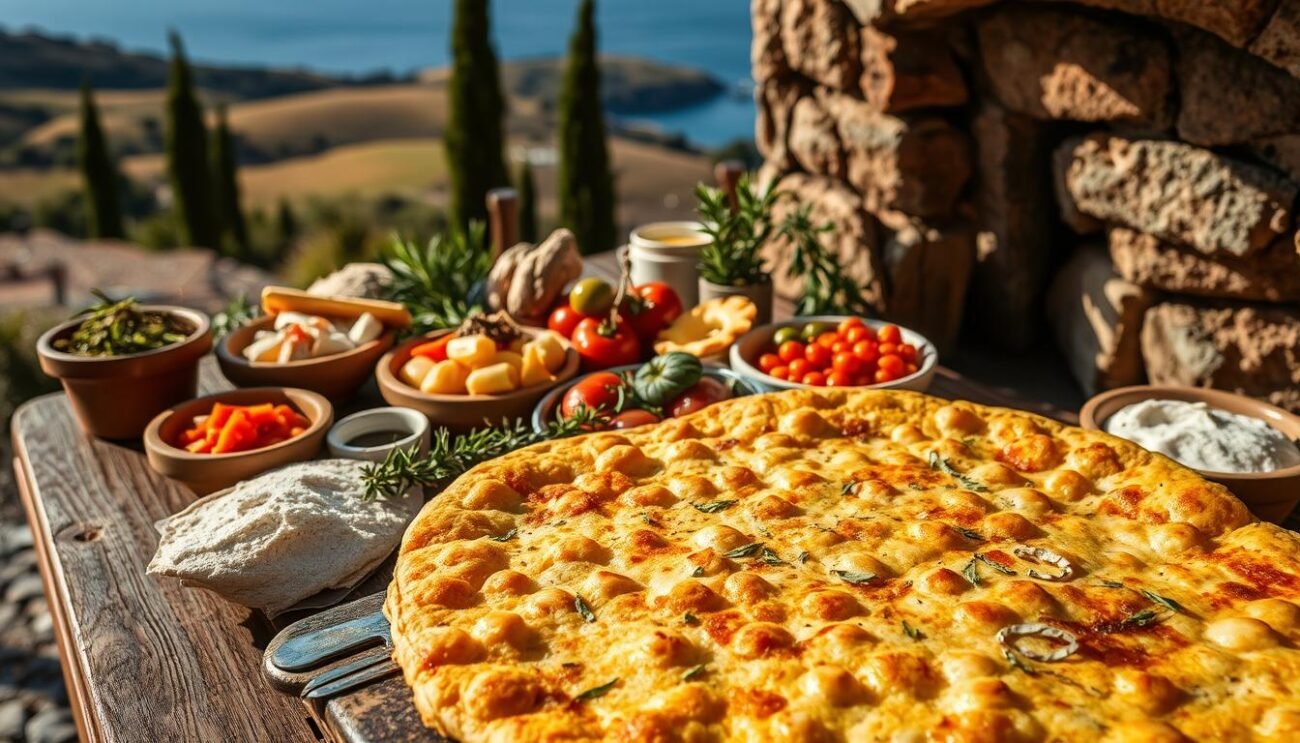 A rustic outdoor scene showcasing the regional variations of traditional farinata across Italy. In the foreground, a golden-brown, crisp farinata flatbread fresh from a wood-fired oven, accompanied by a variety of toppings and condiments. In the middle ground, a vibrant display of ingredients - chickpea flour, olive oil, rosemary, and other regional specialties. The background features an idyllic Italian coastal landscape, with rolling hills, cypress trees, and the deep blue of the Mediterranean sea. The lighting is warm and natural, capturing the rustic charm of this beloved regional dish. The overall composition conveys the diversity and cultural heritage of farinata across the Italian peninsula. A rustic outdoor scene showcasing the regional variations of traditional farinata across Italy. In the foreground, a golden-brown, crisp farinata flatbread fresh from a wood-fired oven, accompanied by a variety of toppings and condiments. In the middle ground, a vibrant display of ingredients - chickpea flour, olive oil, rosemary, and other regional specialties. The background features an idyllic Italian coastal landscape, with rolling hills, cypress trees, and the deep blue of the Mediterranean sea. The lighting is warm and natural, capturing the rustic charm of this beloved regional dish. The overall composition conveys the diversity and cultural heritage of farinata across the Italian peninsula.