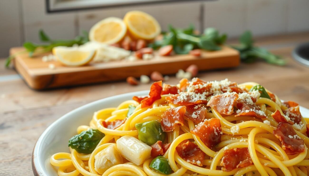 A rustic scene of a traditional Italian pasta dish, "Pasta con carciofi e pancetta". In the foreground, a generous portion of freshly cooked pasta, tossed with tender artichoke hearts and crispy pancetta. The pasta glistens with olive oil, the vibrant green of the artichokes contrasting beautifully with the golden brown of the pancetta. In the middle ground, a wooden cutting board or platter, with a scattering of fresh herbs, lemon wedges, and a sprinkle of grated Parmesan. The background is a simple, neutral-toned kitchen setting, perhaps with a window letting in soft, natural light. The overall mood is one of authentic, homemade Italian cuisine, inviting the viewer to savor the flavors and textures of this delectable dish. A rustic scene of a traditional Italian pasta dish, "Pasta con carciofi e pancetta". In the foreground, a generous portion of freshly cooked pasta, tossed with tender artichoke hearts and crispy pancetta. The pasta glistens with olive oil, the vibrant green of the artichokes contrasting beautifully with the golden brown of the pancetta. In the middle ground, a wooden cutting board or platter, with a scattering of fresh herbs, lemon wedges, and a sprinkle of grated Parmesan. The background is a simple, neutral-toned kitchen setting, perhaps with a window letting in soft, natural light. The overall mood is one of authentic, homemade Italian cuisine, inviting the viewer to savor the flavors and textures of this delectable dish.