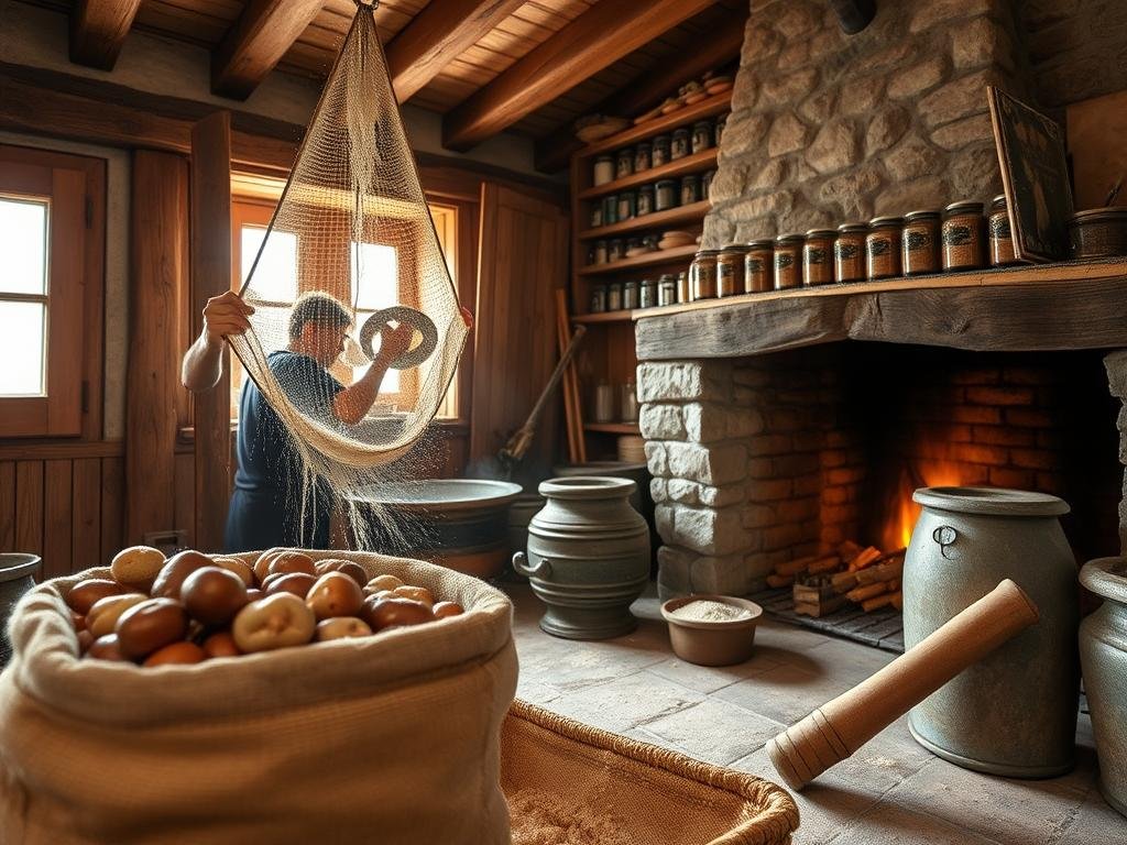 A rustic scene of traditional chestnut flour production in the Apuan Alps. In a small, wooden-beamed mill, a miller carefully sifts freshly ground chestnut flour through a fine mesh sieve, the soft light filtering in through the windows. In the foreground, a sack of harvested chestnuts and a mortar and pestle used for crushing the nuts. In the background, an old stone fireplace warms the space, casting a cozy glow. The walls are lined with shelves holding jars and tins, evidence of the long-standing chestnut flour tradition in this Ligurian region. The overall atmosphere is one of time-honored craftsmanship and alpine authenticity.
