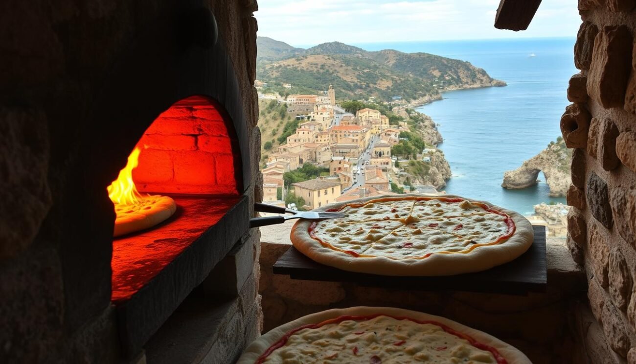 A rustic scene set in the picturesque Cilento region of Italy. In the foreground, a traditional wood-fired oven crackles, its flames licking the dough as skilled hands shape and stretch it, forming the iconic Pizz'e rann. The middle ground reveals a quaint village nestled between rolling hills, its sun-kissed stone buildings and winding streets a testament to the region's heritage. In the background, the rugged Cilento coastline stretches out, the deep blue of the Tyrrhenian Sea meeting the horizon. Soft, diffused lighting casts a warm, inviting glow over the entire scene, capturing the timeless essence of this unique and beloved local delicacy. A rustic scene set in the picturesque Cilento region of Italy. In the foreground, a traditional wood-fired oven crackles, its flames licking the dough as skilled hands shape and stretch it, forming the iconic Pizz'e rann. The middle ground reveals a quaint village nestled between rolling hills, its sun-kissed stone buildings and winding streets a testament to the region's heritage. In the background, the rugged Cilento coastline stretches out, the deep blue of the Tyrrhenian Sea meeting the horizon. Soft, diffused lighting casts a warm, inviting glow over the entire scene, capturing the timeless essence of this unique and beloved local delicacy.