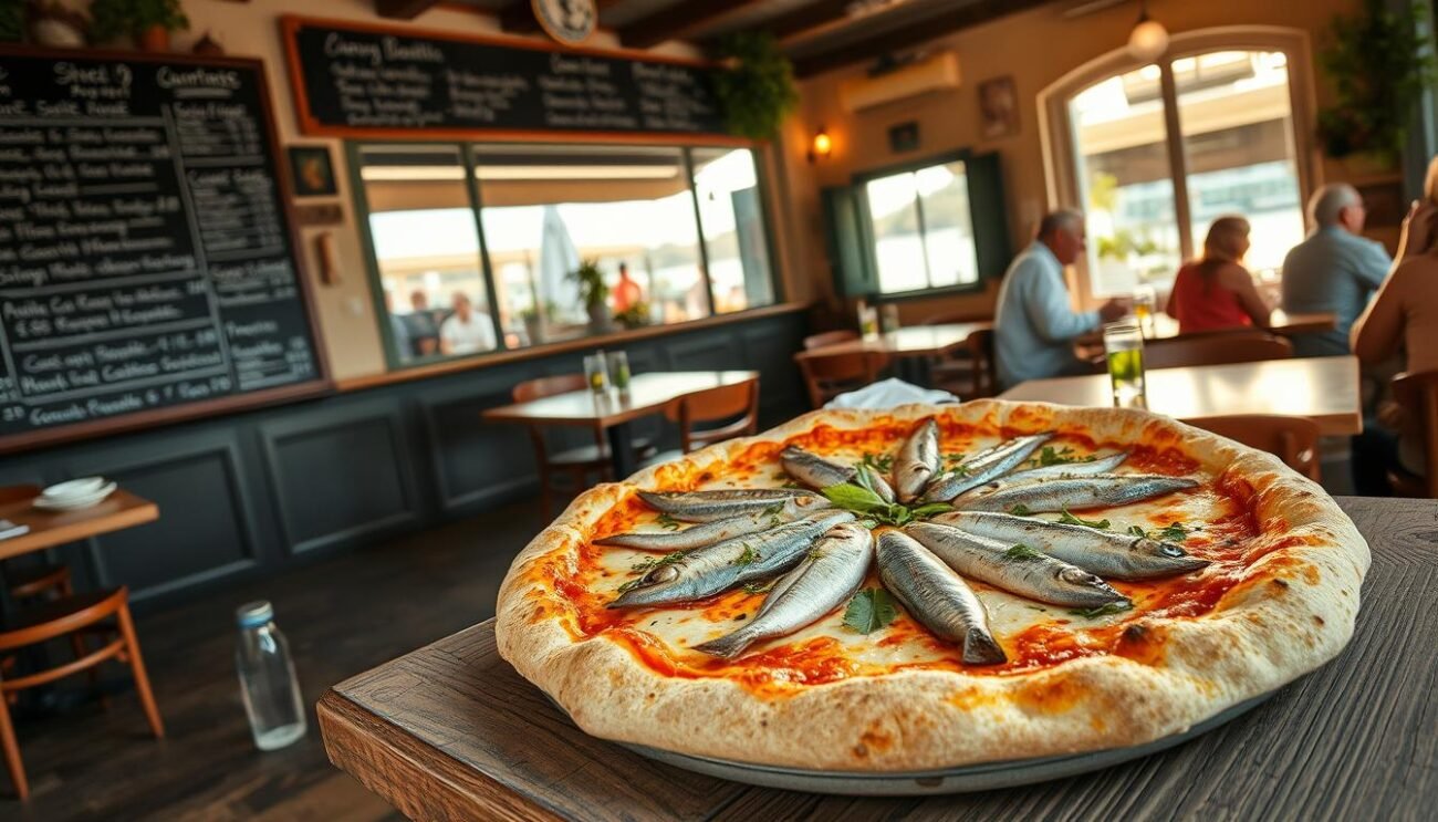 A rustic seaside trattoria in the Italian Riviera, late afternoon sun filtering through the windows. At the center, a traditional Sardenaira ligure pizza, its golden-brown crust dotted with glistening sardines, capers, and fragrant herbs. In the background, a blackboard menu, weathered tables, and the gentle chatter of patrons. The scene evokes the history and traditions of this iconic regional dish, with a warm, timeless atmosphere that captures the essence of the Ligurian coast. A rustic seaside trattoria in the Italian Riviera, late afternoon sun filtering through the windows. At the center, a traditional Sardenaira ligure pizza, its golden-brown crust dotted with glistening sardines, capers, and fragrant herbs. In the background, a blackboard menu, weathered tables, and the gentle chatter of patrons. The scene evokes the history and traditions of this iconic regional dish, with a warm, timeless atmosphere that captures the essence of the Ligurian coast.