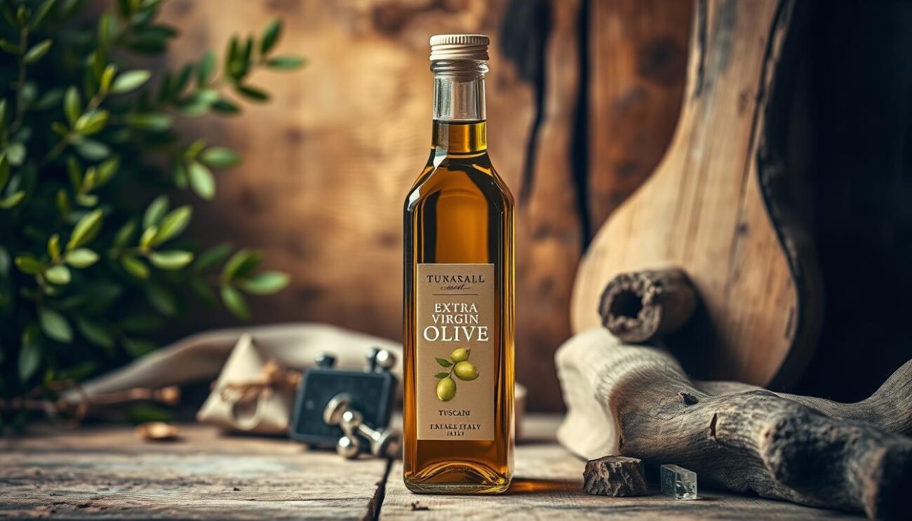 A rustic still life showcasing a glass bottle of extra virgin olive oil from Tuscany, Italy. The bottle is set against a backdrop of earthy tones, with hints of lush greenery and weathered wood surfaces. The lighting is warm and natural, casting a soft glow on the olive oil's rich, golden hue. The composition emphasizes the bottle's elegant shape and the artisanal quality of the product, capturing the essence of Tuscan culinary heritage. The scene evokes a sense of authenticity and region-specific provenance, perfectly suited to illustrate the gastronomic uses of this distinctive Tuscan olive oil. A rustic still life showcasing a glass bottle of extra virgin olive oil from Tuscany, Italy. The bottle is set against a backdrop of earthy tones, with hints of lush greenery and weathered wood surfaces. The lighting is warm and natural, casting a soft glow on the olive oil's rich, golden hue. The composition emphasizes the bottle's elegant shape and the artisanal quality of the product, capturing the essence of Tuscan culinary heritage. The scene evokes a sense of authenticity and region-specific provenance, perfectly suited to illustrate the gastronomic uses of this distinctive Tuscan olive oil.
