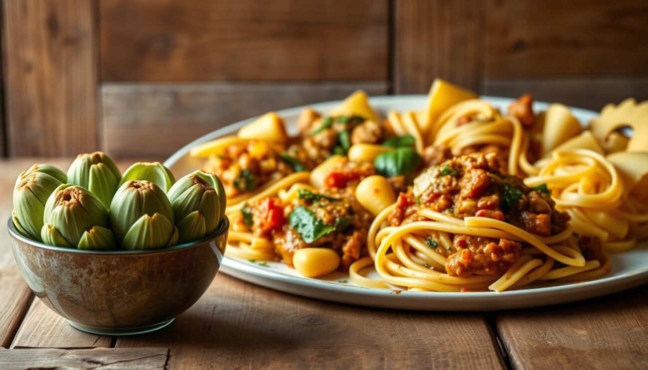 A rustic still life showcasing regional variations of the classic Roman artichoke sauce. In the foreground, a bowl of vibrant green artichoke hearts, their tender leaves glistening in the warm, soft lighting. Behind, a platter displays a selection of pasta shapes - each draped in a unique interpretation of the rich, savory sauce, its colors and textures reflecting the diverse culinary traditions across Italy. In the background, a worn wooden table, its natural grain complementing the earthy tones of the dish, creates an inviting, homespun atmosphere. This image captures the essence of the local, artisanal approach to this beloved Italian recipe. A rustic still life showcasing regional variations of the classic Roman artichoke sauce. In the foreground, a bowl of vibrant green artichoke hearts, their tender leaves glistening in the warm, soft lighting. Behind, a platter displays a selection of pasta shapes - each draped in a unique interpretation of the rich, savory sauce, its colors and textures reflecting the diverse culinary traditions across Italy. In the background, a worn wooden table, its natural grain complementing the earthy tones of the dish, creates an inviting, homespun atmosphere. This image captures the essence of the local, artisanal approach to this beloved Italian recipe.
