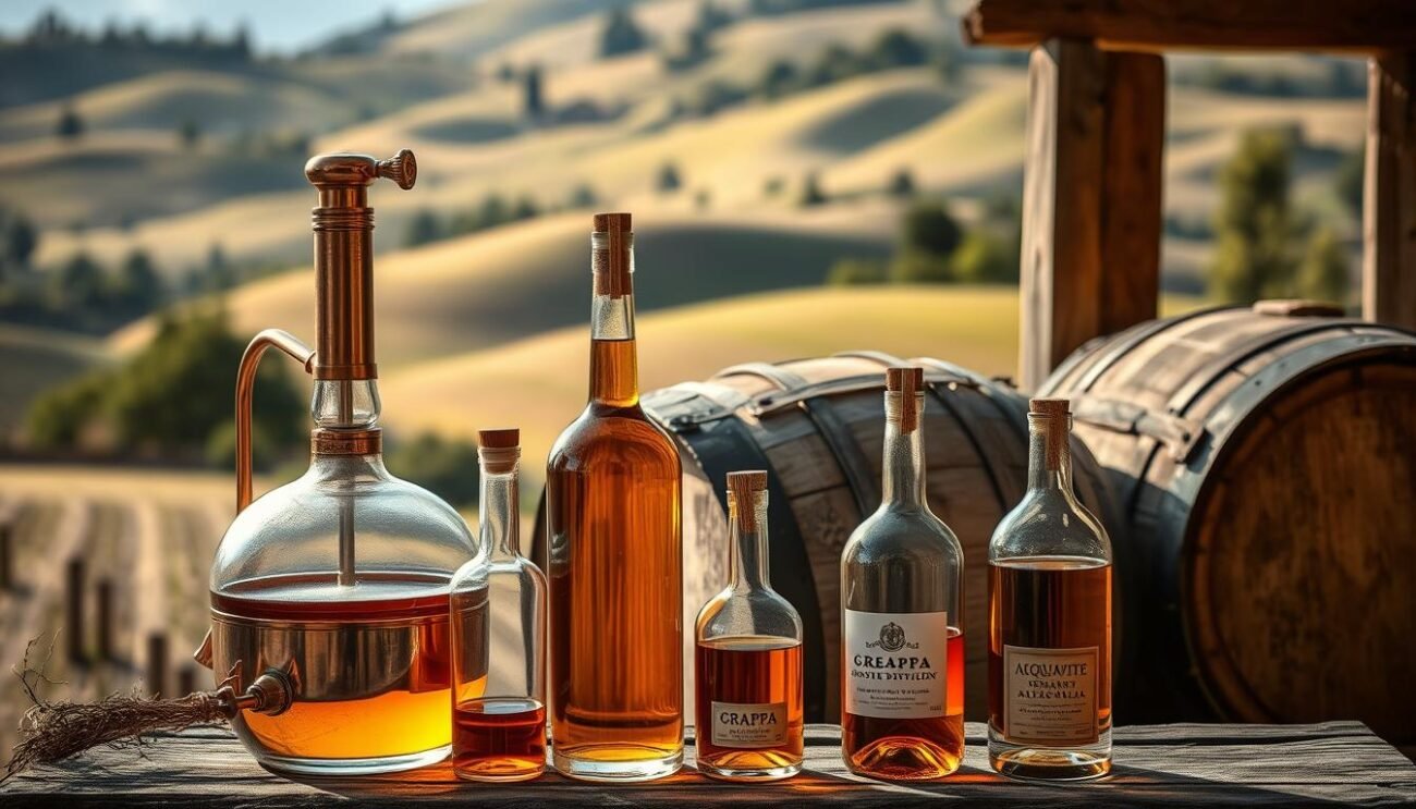 A rustic still life showcasing the rich tradition of Tuscan distillates. In the foreground, a copper alembic still and a collection of glass bottles filled with amber-hued grappa and acquavite. The middle ground features traditional oak barrels, their weathered surfaces hinting at the patient aging process. Surrounding these elements, a backdrop of rolling Tuscan hills, bathed in warm afternoon light, evokes the scenic local terroir. The overall composition conveys a sense of artisanal craftsmanship, heritage, and the quintessential essence of Tuscan distillation methods.