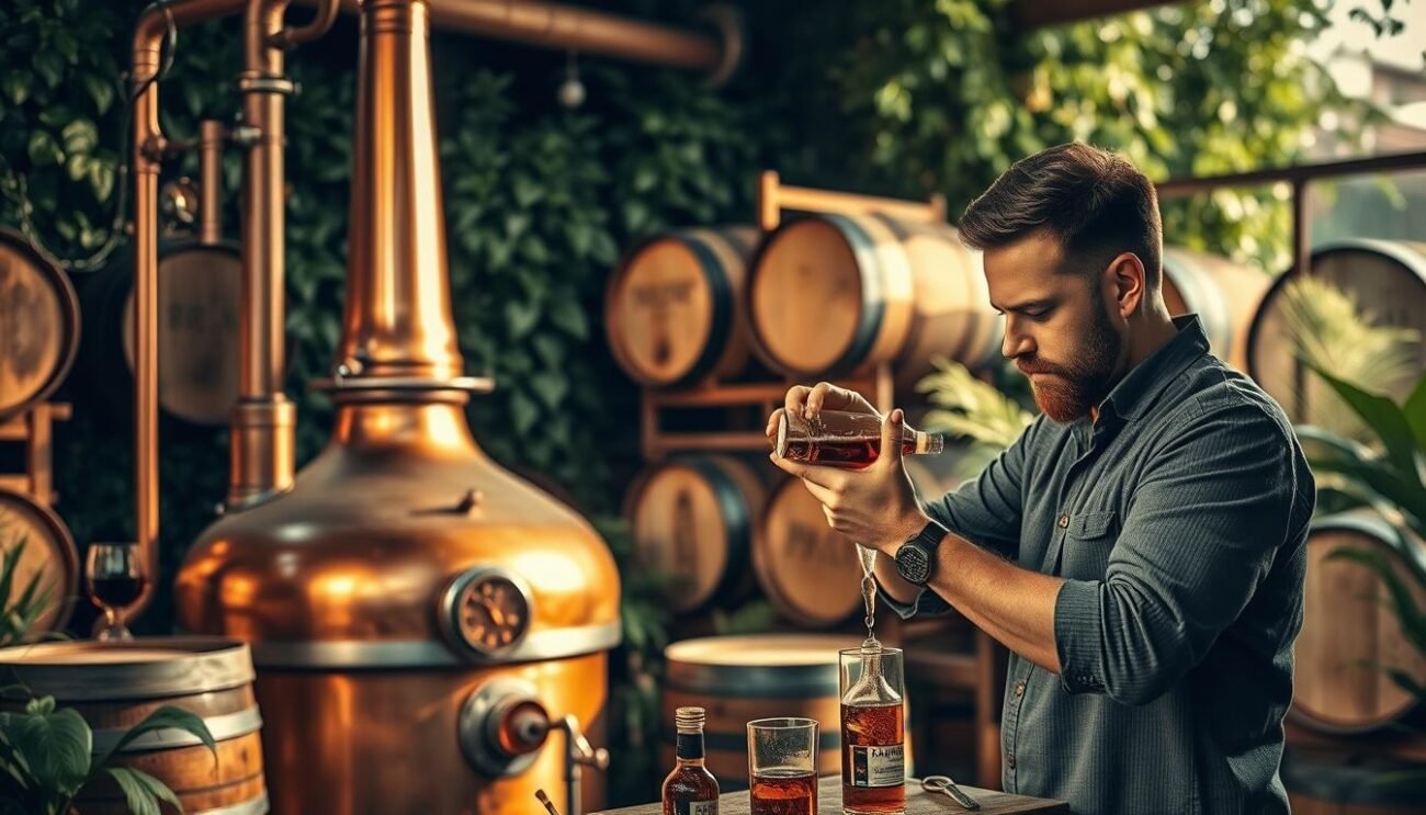 A rustic still sits amidst lush greenery, copper gleaming in the soft afternoon light. Wooden barrels line the shelves, their contents aging to perfection. Aromas of oak, vanilla, and a hint of citrus waft through the air, beckoning to be sampled. In the foreground, a mixologist meticulously blends an artisanal rum or brandy, crafting a harmonious balance of flavors. The scene exudes a sense of tradition, innovation, and a reverence for the art of distillation. Warm tones and a touch of sepia lend an air of timelessness, capturing the essence of "Sperimentazioni con Rum e Brandy Artigianali". A rustic still sits amidst lush greenery, copper gleaming in the soft afternoon light. Wooden barrels line the shelves, their contents aging to perfection. Aromas of oak, vanilla, and a hint of citrus waft through the air, beckoning to be sampled. In the foreground, a mixologist meticulously blends an artisanal rum or brandy, crafting a harmonious balance of flavors. The scene exudes a sense of tradition, innovation, and a reverence for the art of distillation. Warm tones and a touch of sepia lend an air of timelessness, capturing the essence of "Sperimentazioni con Rum e Brandy Artigianali".