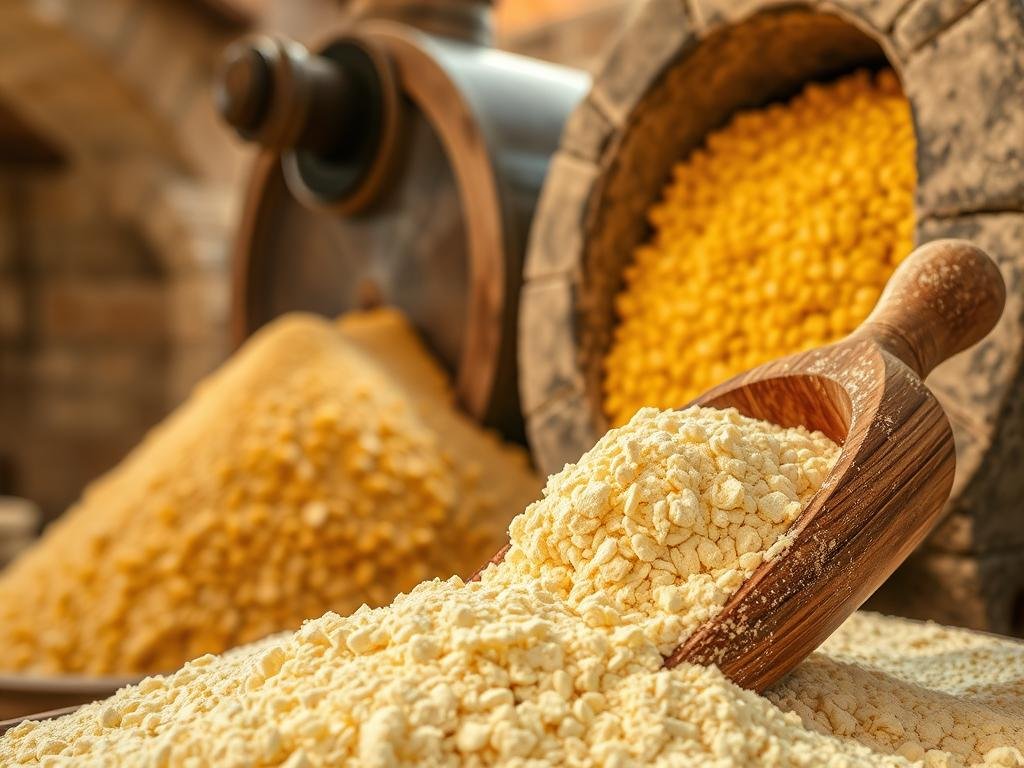 A rustic stone mill grinds golden corn kernels into a fine, soft flour. Sunlight filters through the wooden beams, casting a warm glow on the artisanal process. In the foreground, a wooden scoop scoops the freshly milled corn flour, its texture and color reflecting the care and tradition of this time-honored technique. The background showcases the mill's sturdy stone construction, hinting at the enduring craftsmanship that has been passed down through generations. This image captures the essence of "Farina Mais Marano," showcasing the unique characteristics and versatile applications of this traditional Italian cornmeal in the context of Vicentina-style polenta and gourmet recipes.