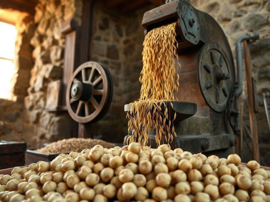 A rustic stone mill, its weathered wood and iron gears a testament to generations of artisanal production. Cascading golden wheat grains flow into the mill's hopper, soon to be transformed into the prized Farina Roveja. The mill's interior is bathed in warm, natural light, casting a cozy, inviting atmosphere. In the foreground, a scattering of the distinctive Roveja legumes, their unique speckled hues and delicate shape a visual delight. The scene evokes the timeless traditions of Cascia's renowned Farina Roveja, a cherished local delicacy with deep roots in the region's agricultural heritage.