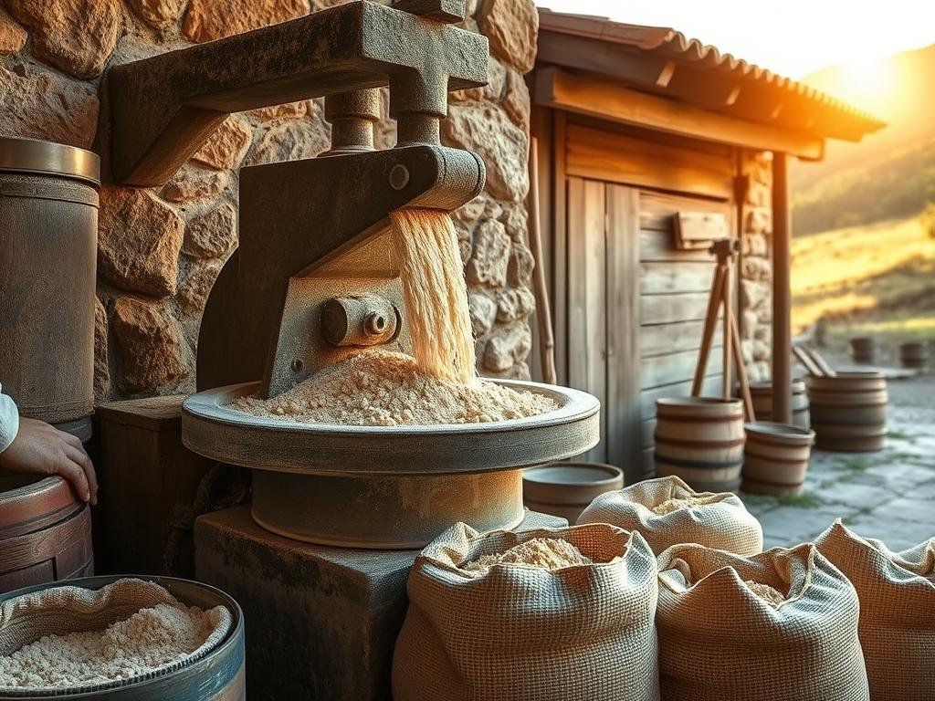 A rustic stone mill set in a picturesque Tuscan countryside, bathed in warm, golden light. Chestnut flour cascades down the grindstone, while skilled hands guide the process. Burlap sacks await the freshly milled powder, the air thick with the earthy aroma of the Garfagnana region. In the background, a weathered wooden structure evokes the centuries-old traditions of this artisanal craft. Precise movements, a sense of reverence, and the patience of generations come together to produce the distinctive Neccio flour, a cherished culinary treasure of Tuscany. A rustic stone mill set in a picturesque Tuscan countryside, bathed in warm, golden light. Chestnut flour cascades down the grindstone, while skilled hands guide the process. Burlap sacks await the freshly milled powder, the air thick with the earthy aroma of the Garfagnana region. In the background, a weathered wooden structure evokes the centuries-old traditions of this artisanal craft. Precise movements, a sense of reverence, and the patience of generations come together to produce the distinctive Neccio flour, a cherished culinary treasure of Tuscany.