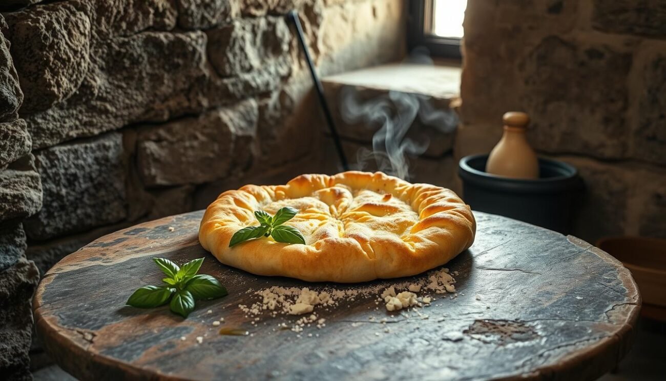 A rustic stone table, weathered by time, set against a backdrop of ancient stone walls. On the table, a golden-crusted sfincione, steaming and fragrant, surrounded by fresh basil leaves, grated pecorino, and a drizzle of extra virgin olive oil. The light filters in through a nearby window, casting a warm glow over the scene, hinting at the rich history and traditions that have shaped this iconic Sicilian street food. The atmosphere evokes a sense of timelessness, as if this moment could have been captured centuries ago, when the origins of the sfincione were first taking shape. A rustic stone table, weathered by time, set against a backdrop of ancient stone walls. On the table, a golden-crusted sfincione, steaming and fragrant, surrounded by fresh basil leaves, grated pecorino, and a drizzle of extra virgin olive oil. The light filters in through a nearby window, casting a warm glow over the scene, hinting at the rich history and traditions that have shaped this iconic Sicilian street food. The atmosphere evokes a sense of timelessness, as if this moment could have been captured centuries ago, when the origins of the sfincione were first taking shape.