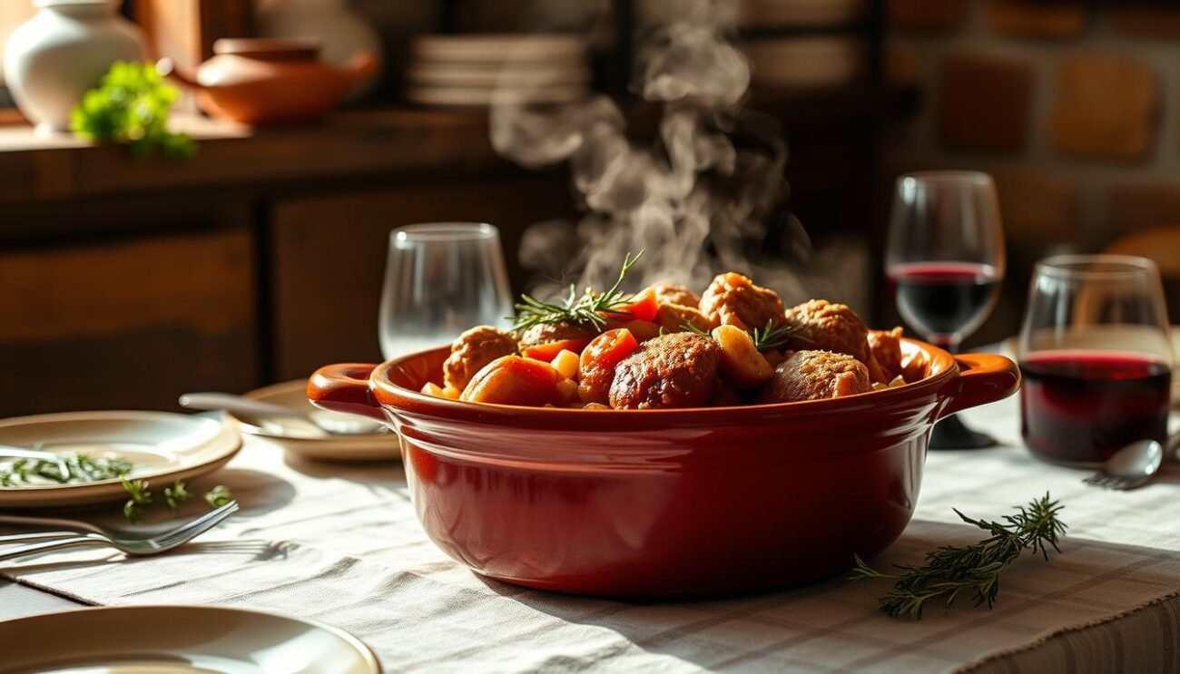 A rustic table set with a hearty meal of "ricetta alla cacciatora". A rich, aromatic stew of tender rabbit, simmered with onions, garlic, tomatoes, rosemary, and rich red wine. The dish is presented in a classic Italian earthenware casserole, steaming hot and garnished with fresh herbs. The lighting is warm and natural, casting a cozy glow over the scene. The composition features the casserole in the foreground, surrounded by a simple yet elegant tableware arrangement. The background suggests a rustic Italian kitchen, with hints of weathered wood and terracotta tiles. The overall mood is one of comforting, homemade cuisine, perfectly suited to accompany the story of "Il Vero Coniglio Ruspante".