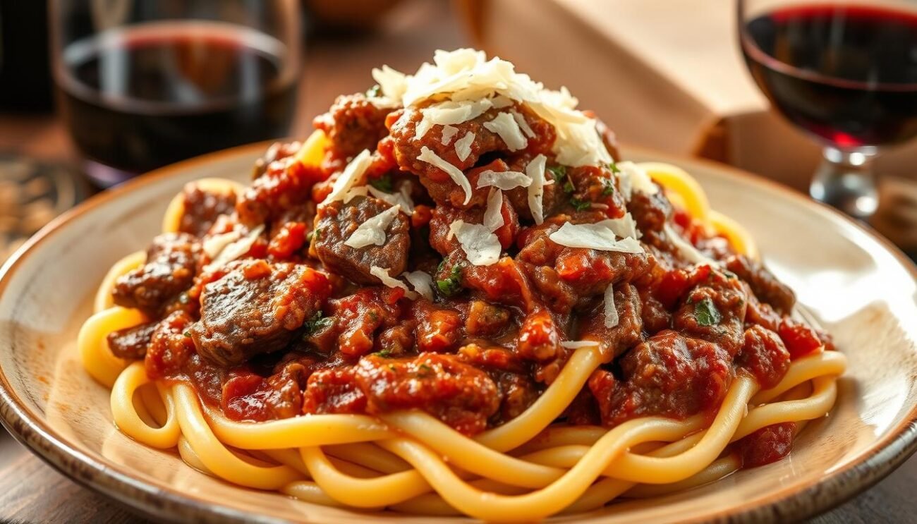 A rustic tuscan dish of wild boar ragù served over handmade pappardelle pasta. The tender meat simmers in a rich tomato sauce accented with aromatic herbs, red wine, and a hint of garlic. Shredded parmesan cheese tops the steaming plate, its golden edges catching the warm light. A glass of bold, fruity chianti completes the scene, inviting you to savor every bite of this authentic italian masterpiece.