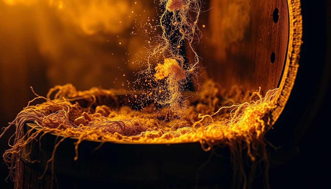 A rustic wooden barrel sits amidst a tangle of wild yeast and microflora, capturing the essence of spontaneous fermentation. Motes of dust dance in the warm, golden light filtering through the cracks, evoking the organic, artisanal nature of this ancient brewing process. Strands of active yeast cling to the barrel's weathered surface, testament to the untamed, unpredictable character of these indigenous microbes. In the background, a hazy, earthy atmosphere hints at the complex flavors and aromas that will emerge, the result of this untamed, collaborative fermentation between brewer and microbial community. A celebration of the natural world's role in shaping the distinct, terroir-driven flavors of craft beer. A rustic wooden barrel sits amidst a tangle of wild yeast and microflora, capturing the essence of spontaneous fermentation. Motes of dust dance in the warm, golden light filtering through the cracks, evoking the organic, artisanal nature of this ancient brewing process. Strands of active yeast cling to the barrel's weathered surface, testament to the untamed, unpredictable character of these indigenous microbes. In the background, a hazy, earthy atmosphere hints at the complex flavors and aromas that will emerge, the result of this untamed, collaborative fermentation between brewer and microbial community. A celebration of the natural world's role in shaping the distinct, terroir-driven flavors of craft beer.