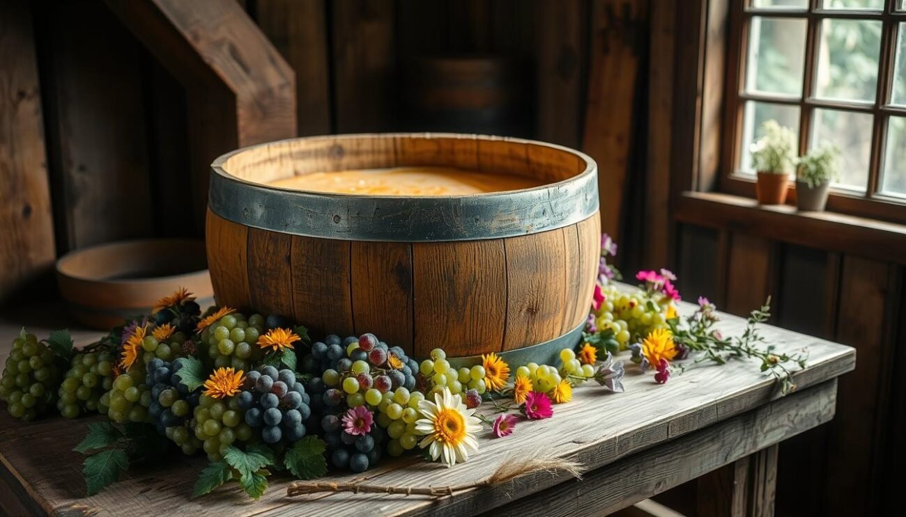 A rustic wooden barrel sits atop a weathered table, its contents slowly fermenting under the watchful eye of a handful of wild yeast strains. Scattered around the barrel, lush clusters of grapes and vibrant wildflowers paint a picturesque scene of nature's artistry. Soft, diffused lighting filters through the window, casting a warm glow over the setting, hinting at the complex flavors and aromas about to unfold. The air is thick with the scent of wild fermentation, a testament to the ancient and untamed process that gives rise to the captivating world of sour beers. A rustic wooden barrel sits atop a weathered table, its contents slowly fermenting under the watchful eye of a handful of wild yeast strains. Scattered around the barrel, lush clusters of grapes and vibrant wildflowers paint a picturesque scene of nature's artistry. Soft, diffused lighting filters through the window, casting a warm glow over the setting, hinting at the complex flavors and aromas about to unfold. The air is thick with the scent of wild fermentation, a testament to the ancient and untamed process that gives rise to the captivating world of sour beers.