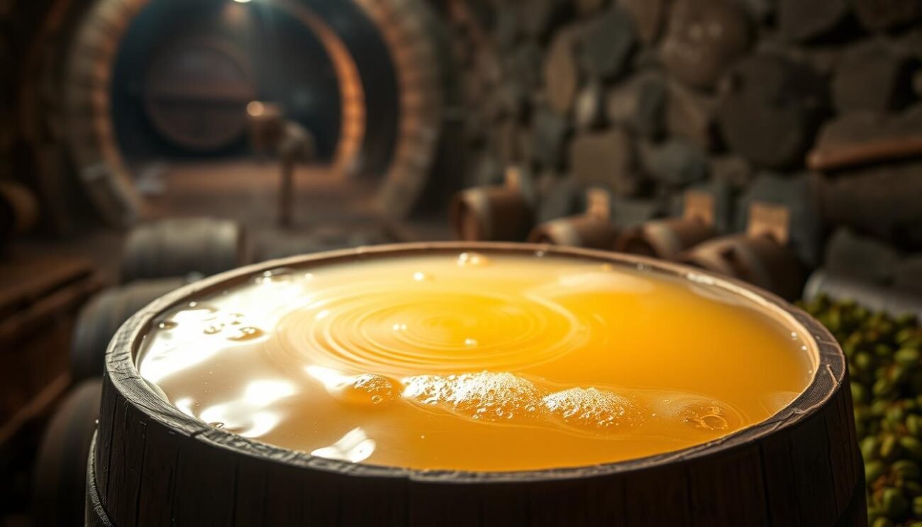 A rustic wooden cask filled with a hazy, golden liquid, surrounded by a kaleidoscope of vibrant spices and aromatic hops. The soft, diffused light casts a warm, inviting glow, hinting at the depth and complexity within. Swirling patterns of carbonation dance across the surface, a testament to the living, breathing nature of this spontaneously fermented brew. In the distance, a dimly lit cellar, its ancient stone walls a silent witness to the mysteries of the ages-old craft of sour beer making. This image captures the allure and intrigue of the sour beer world, inviting the viewer to embark on a sensory journey through the Gose, Lambic, and their captivating cousins.