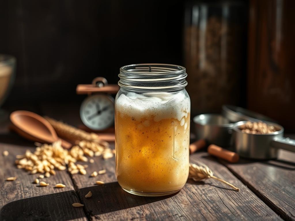 A rustic wooden surface, dimly lit by soft natural light, serves as the stage for the captivating process of "preparazione starter lievito". In the foreground, a glass jar filled with a bubbly, yeast-infused liquid takes center stage, its contents gently swirling and fermenting. Surrounding the jar, an array of kitchen utensils – a wooden spoon, a small scale, and a measuring cup – hint at the meticulous care and attention required to cultivate the perfect starter. In the middle ground, a few scattered grains of barley and wheat add textural interest, while the background is softly blurred, allowing the viewer to focus on the delicate intricacies of the leavening process. The overall atmosphere is one of artisanal craft, with a touch of rustic charm that evokes the spirit of Italian beer-making tradition.