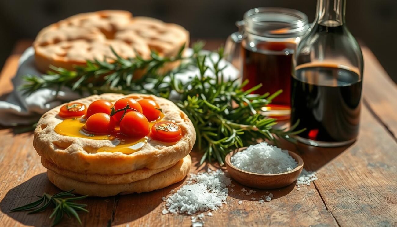 A rustic wooden table, adorned with a selection of ingredients essential for crafting the beloved Focaccia Barese. In the foreground, a stack of tender, golden-hued focaccia, its surface dotted with plump, juicy cherry tomatoes and a generous drizzle of vibrant, emerald green extra virgin olive oil. Beside it, a mound of coarse, lightly salted sea salt crystals, ready to impart the perfect seasoning. In the middle ground, a bundle of fresh, fragrant rosemary sprigs, their verdant leaves contrasting with the warm tones of the bread. In the background, a glass jar filled with a bright, tangy balsamic vinegar, its deep, rich hue hinting at the depth of flavor it will contribute to the dish. The scene is bathed in warm, natural lighting, evoking the sun-drenched kitchens of Puglia.