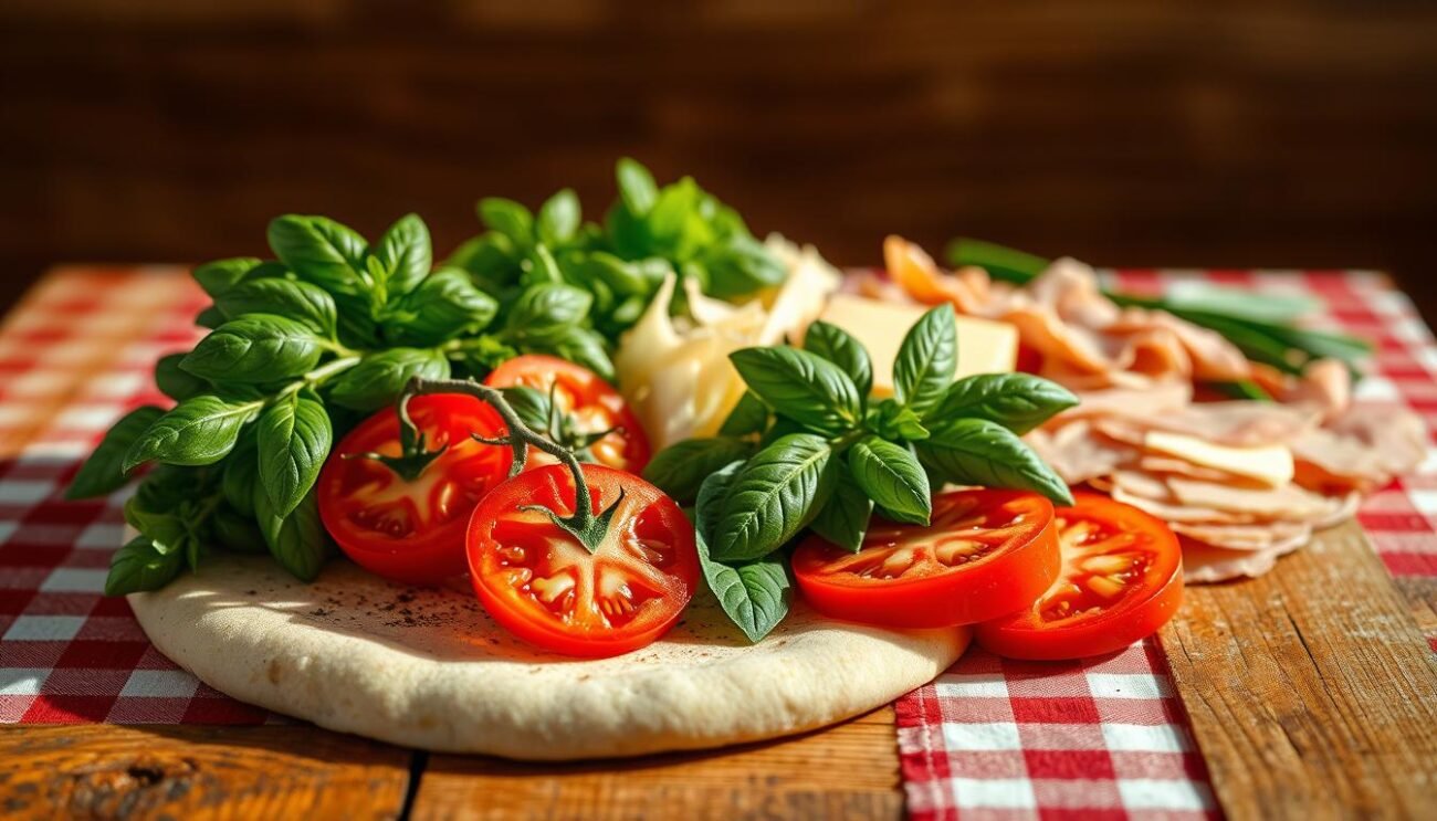 A rustic wooden table, adorned with a simple red-and-white checkered tablecloth, serves as the canvas for a delightful display of seasonal pizza romana ingredients. In the foreground, freshly sliced tomatoes, their vibrant red hues shimmering under warm, natural lighting, await their turn to grace the dough. Beside them, fragrant bunches of aromatic basil leaves sway gently, their green hues complementing the earthy tones of the table. In the middle ground, a carefully curated selection of aged Parmesan shavings and paper-thin prosciutto slices add depth and complexity to the scene. The background is softly blurred, allowing the focus to remain on the star ingredients, creating an inviting and appetizing atmosphere that captures the essence of the classic pizza romana.