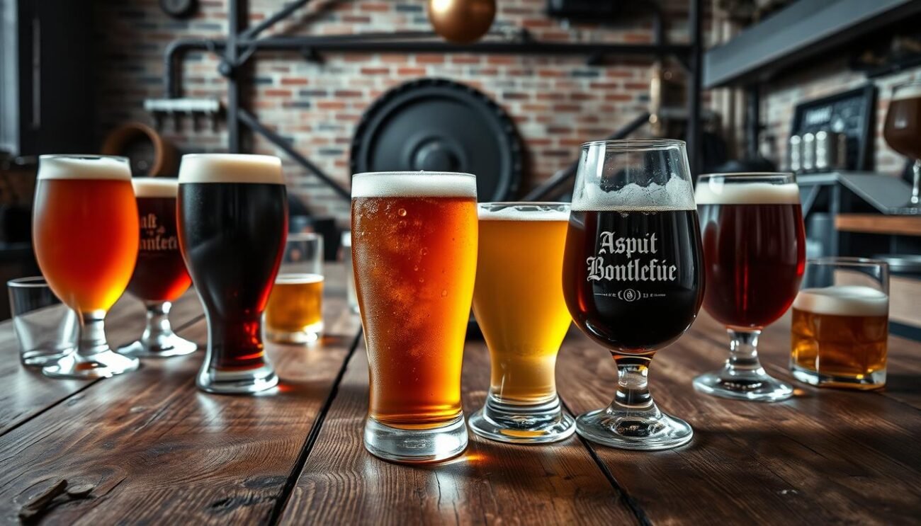 A rustic wooden table, adorned with an assortment of traditional beer glassware, showcases the rich diversity of sour beer styles. In the center, a hazy, amber-hued Lambic glows under a soft, natural light, its effervescent bubbles dancing on the surface. Alongside, a deep ruby-colored Gose shimmers, its distinctive salty tang complemented by hints of coriander. In the background, a moody, industrial-inspired setting with exposed brick walls and metal accents creates a sense of tradition and innovation, reflecting the evolution of these unique beer styles. The scene evokes a warm, inviting atmosphere, capturing the essence of the "Stili e Caratteristiche: Dal Lambic al Gose" section of the article. A rustic wooden table, adorned with an assortment of traditional beer glassware, showcases the rich diversity of sour beer styles. In the center, a hazy, amber-hued Lambic glows under a soft, natural light, its effervescent bubbles dancing on the surface. Alongside, a deep ruby-colored Gose shimmers, its distinctive salty tang complemented by hints of coriander. In the background, a moody, industrial-inspired setting with exposed brick walls and metal accents creates a sense of tradition and innovation, reflecting the evolution of these unique beer styles. The scene evokes a warm, inviting atmosphere, capturing the essence of the "Stili e Caratteristiche: Dal Lambic al Gose" section of the article.