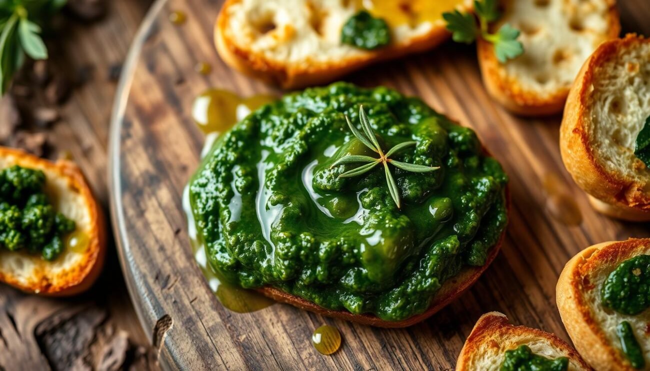 A rustic wooden table, adorned with crisp crostini, is the canvas for a vibrant pesto di cavolo nero. The deep green pesto glistens, its color contrasted by the golden toasted bread. Delicate olive oil droplets dance across the surface, hinting at the rich, nutty flavors within. A smattering of fresh herbs adds a final touch of elegance, while the lighting casts a warm, inviting glow over the scene. This homemade winter alternative to traditional pesto is ready to be savored, its earthy, complex notes perfectly complementing the crunchy crostini.