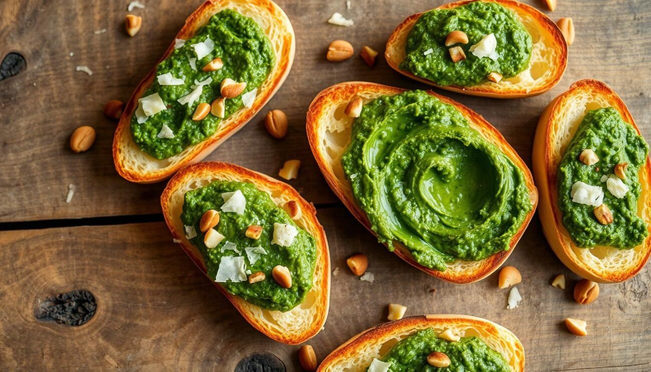 A rustic wooden table, adorned with freshly toasted bruschette, serves as the canvas for a vibrant pesto di cime di rapa. The creamy, verdant spread, made from the earthy, bitter greens of Puglia, glistens under the warm, golden light. Flecks of toasted pine nuts and shredded parmesan dot the surface, adding texture and depth. The bruschette, with their crisp, charred edges, provide the perfect platform for this quintessential Puglian delicacy, inviting the viewer to savor the flavors of this traditional, yet innovative dish. A rustic wooden table, adorned with freshly toasted bruschette, serves as the canvas for a vibrant pesto di cime di rapa. The creamy, verdant spread, made from the earthy, bitter greens of Puglia, glistens under the warm, golden light. Flecks of toasted pine nuts and shredded parmesan dot the surface, adding texture and depth. The bruschette, with their crisp, charred edges, provide the perfect platform for this quintessential Puglian delicacy, inviting the viewer to savor the flavors of this traditional, yet innovative dish.
