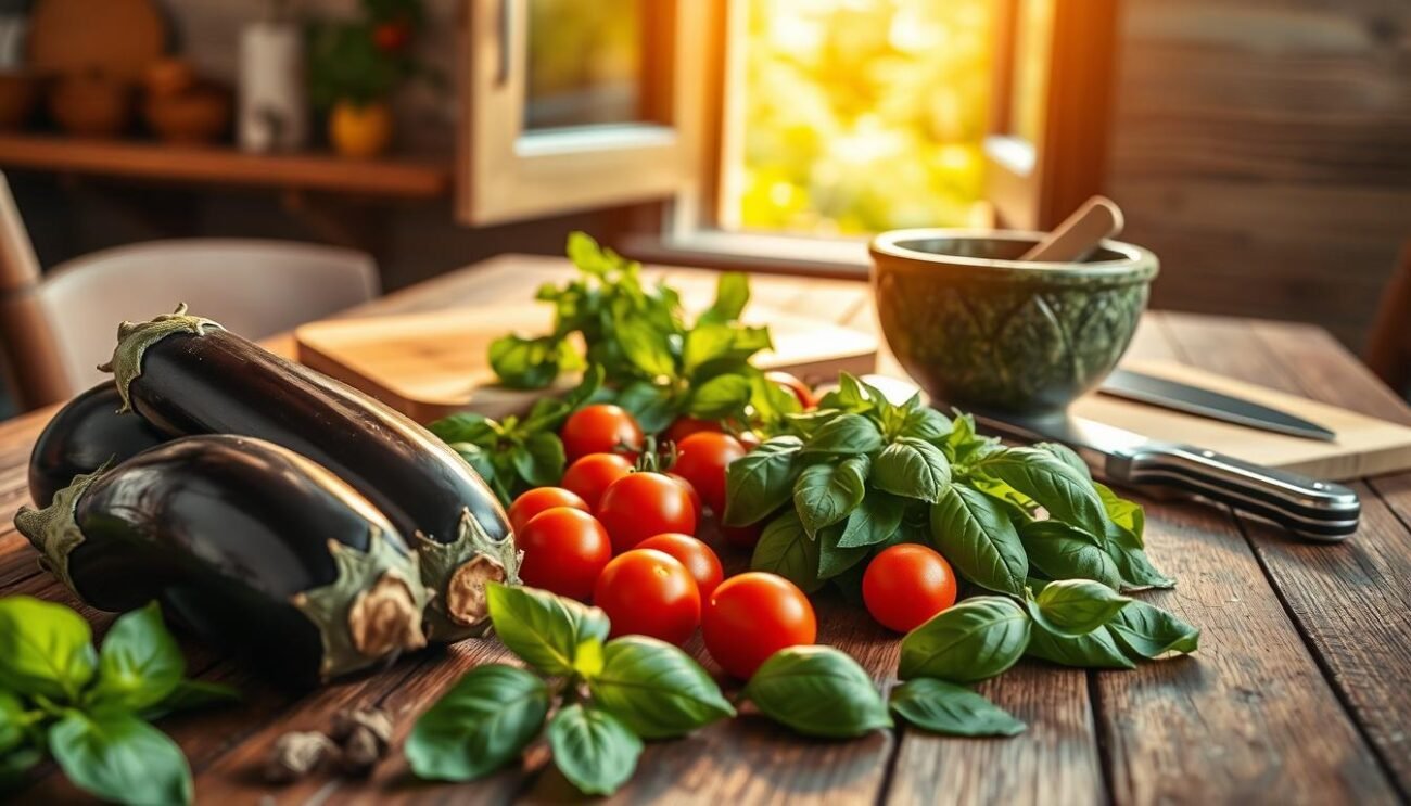 A rustic wooden table, adorned with the essential ingredients and tools for a summer pesto recipe. In the foreground, vibrant purple eggplants, sun-ripened cherry tomatoes, and fragrant basil leaves lay alongside a classic pestle and mortar. In the middle ground, a sleek steel knife and cutting board stand ready for prep work. In the background, a warm, golden-hued light filters through an open window, casting a welcoming, Mediterranean-inspired ambiance. The overall scene evokes the vibrant flavors and effortless elegance of a classic Italian summer dish.
